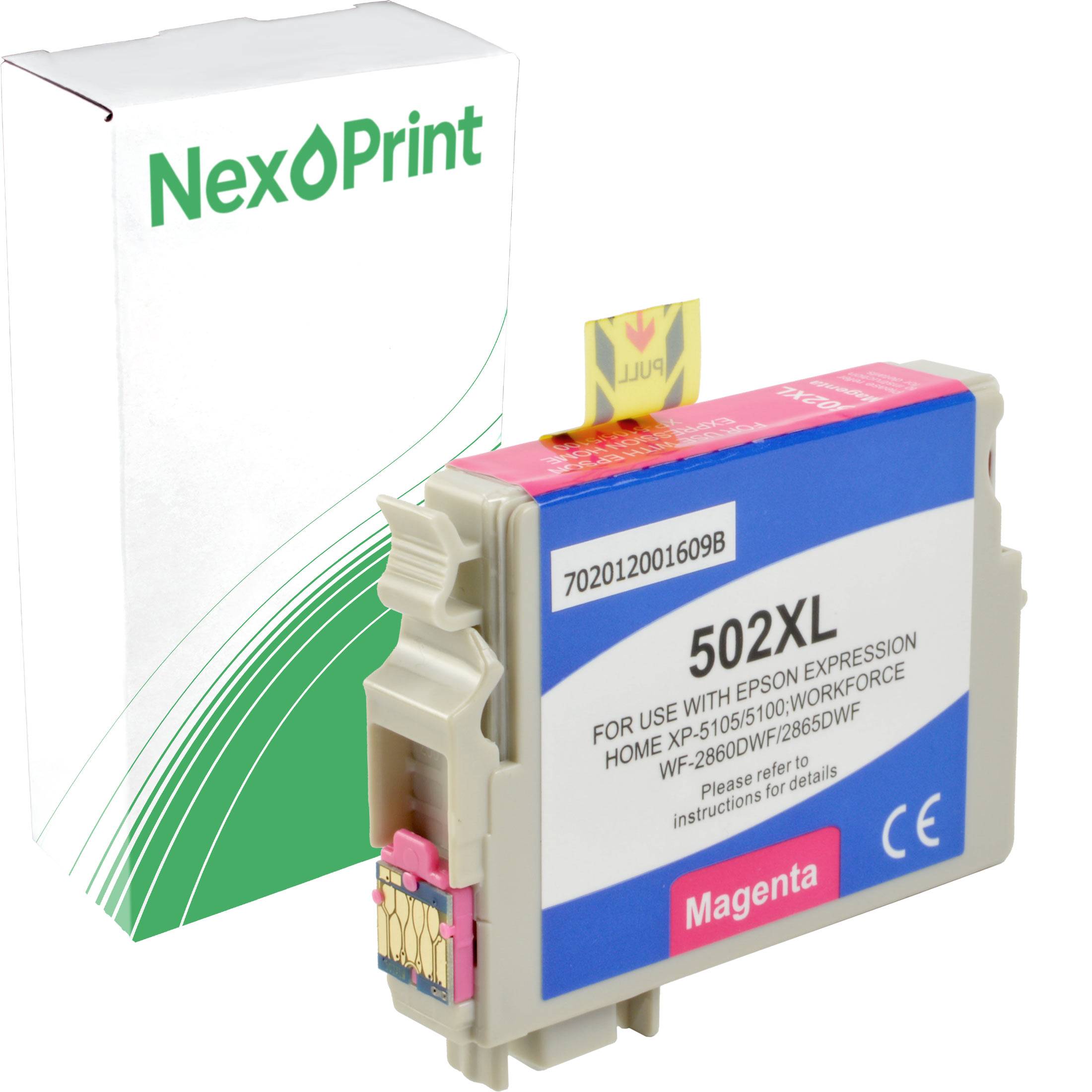 NexPrint' Tintenpatrone in Magenta, Modell 502XL, für Epson Expression und Workforce Drucker, präsentiert neben der zugehörigen Verpackung.