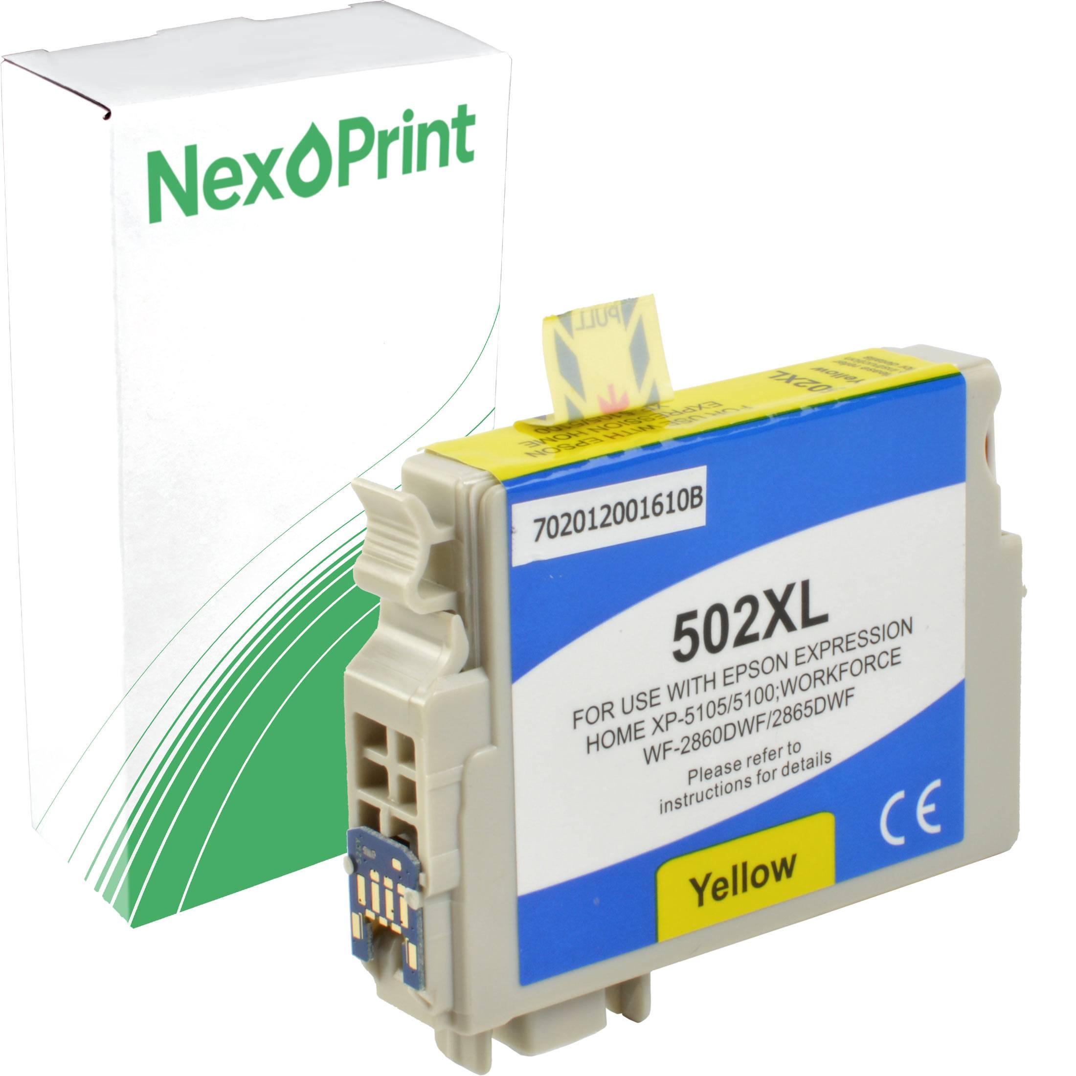 Gelbe Tintenpatrone '502XL' für Epson-Drucker, vor einer NexPrint-Verpackung präsentiert.