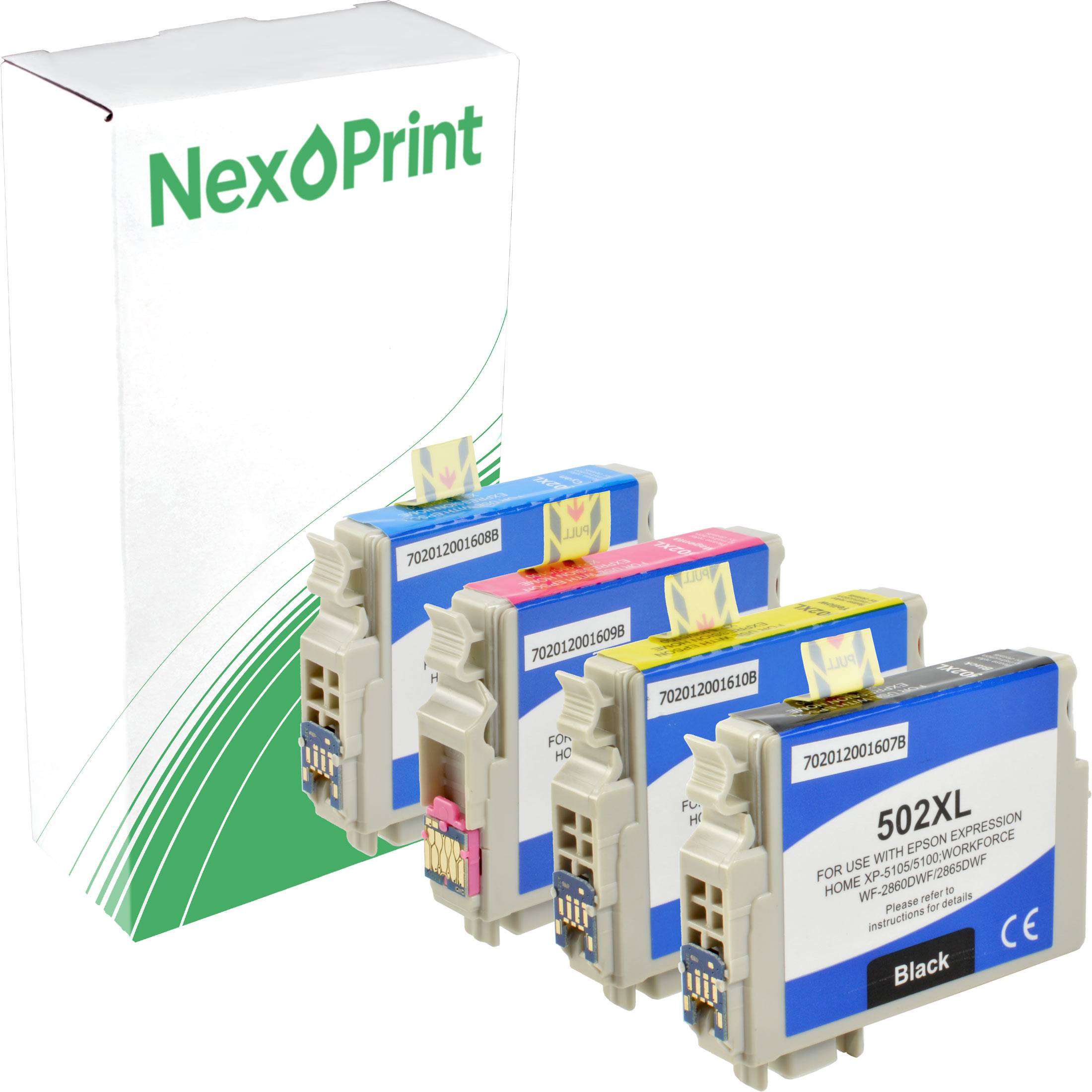 NexPrint' Verpackung mit vier Tintenpatronen in Blau, Gelb, Pink und Schwarz für Epson-Drucker, Modell 502XL.