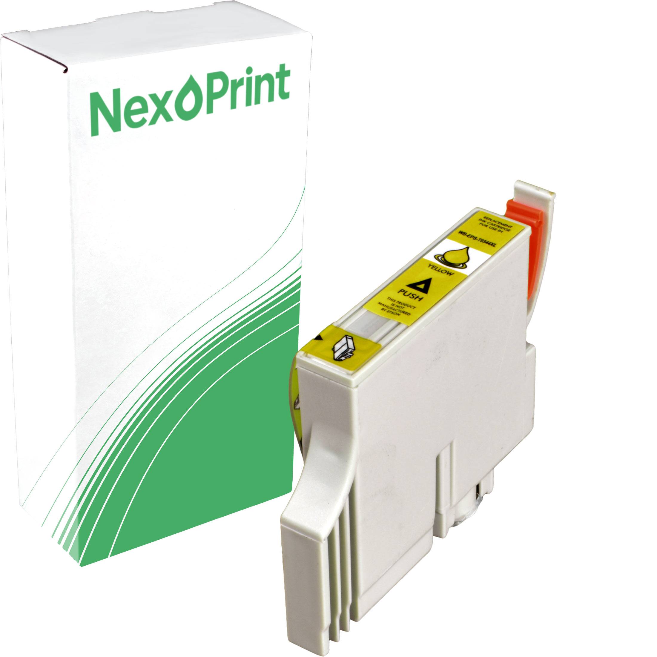 Schwarze Tintenpatrone mit einer Schachtel, die mit 'NexPrint' beschriftet ist, mit Warnungssymbolen und einem Zuglasche auf der Oberseite der Patrone.