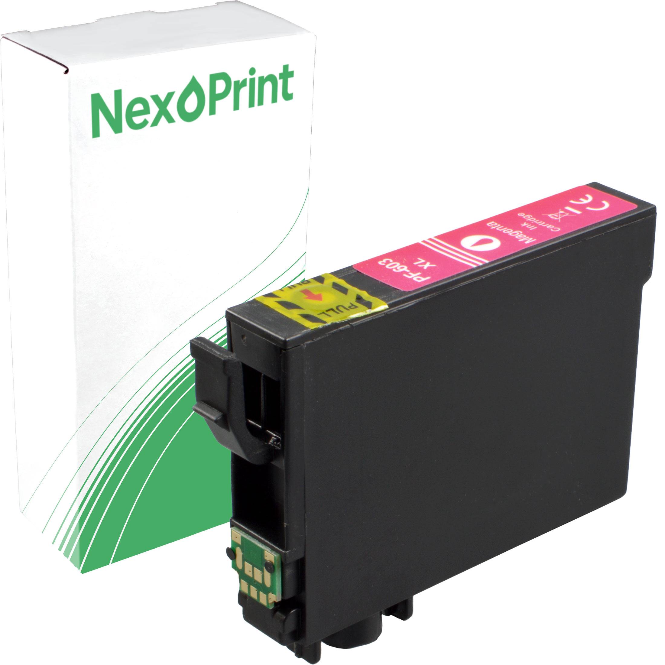 Tintenpatrone mit Etikett 'NexPrint XL' und Verpackung. Die Patrone ist magenta und wird neben ihrer Schachtel präsentiert.