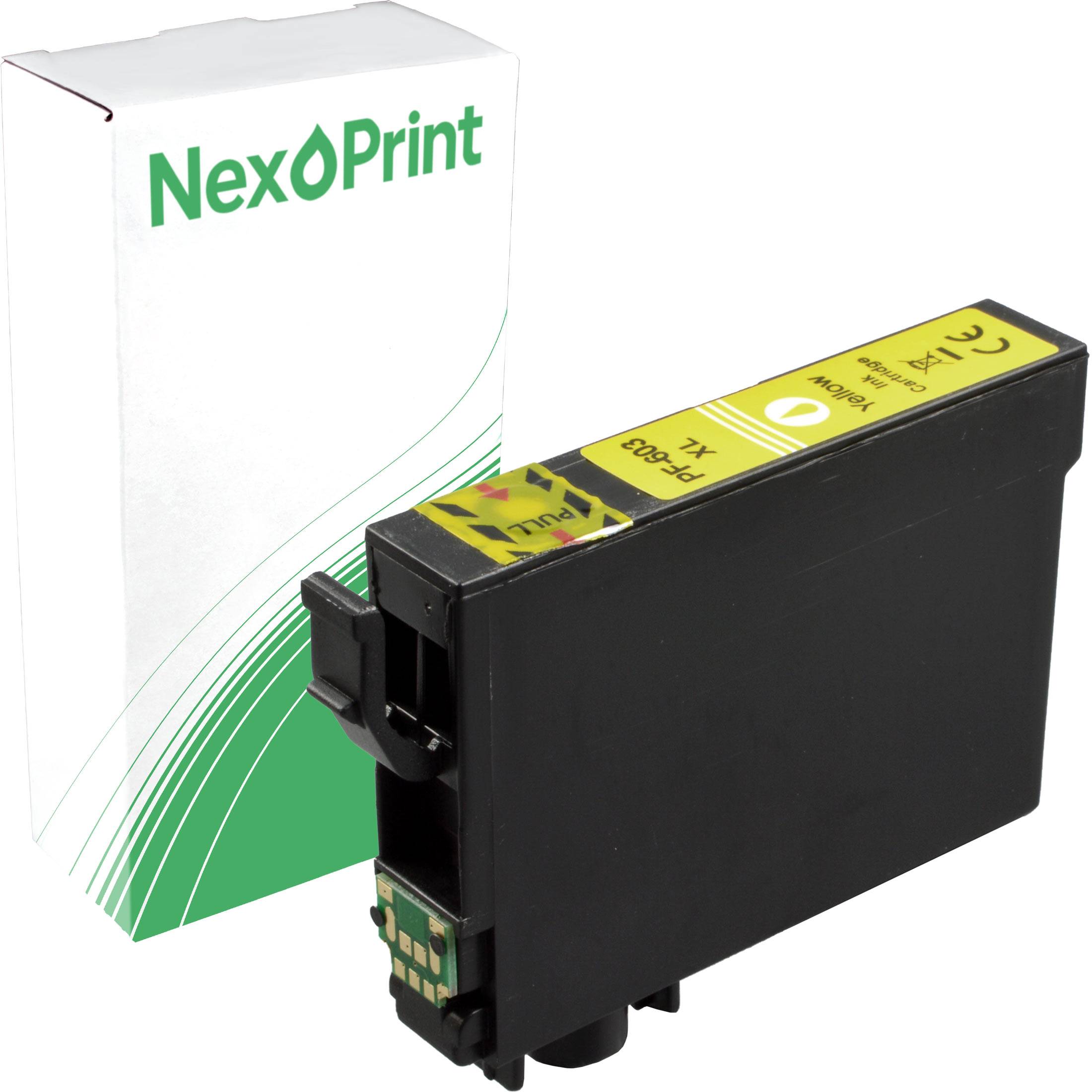 Gelbe Tintenpatrone der Marke 'NexPrint' für Tintenstrahldrucker, zusammen mit ihrer Verpackung präsentiert.