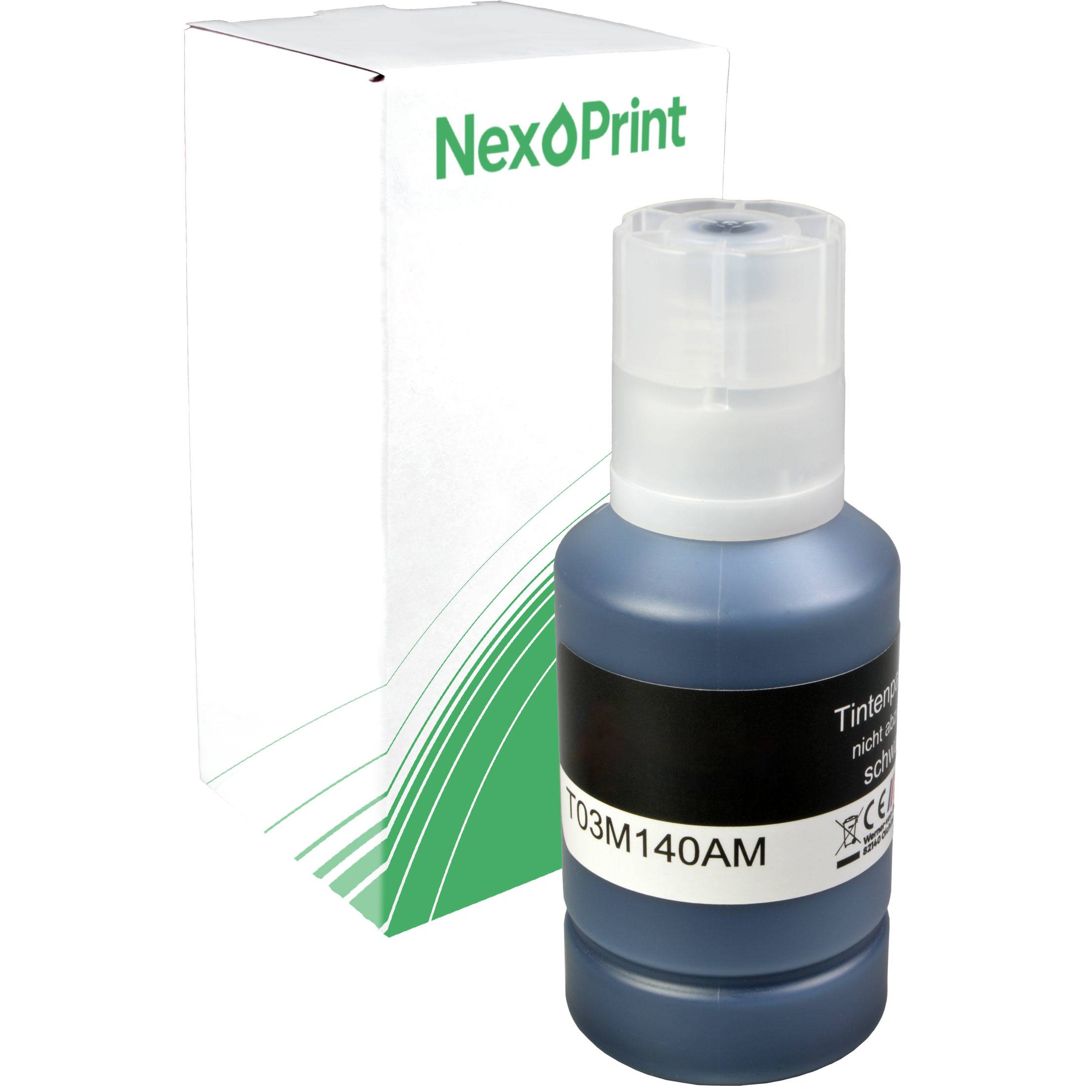 Eine Flasche NexPrint-Tinte mit einer weiß-grünen Box im Hintergrund. Das Etikett auf der Flasche trägt die Aufschrift ‚T03M140AM'.