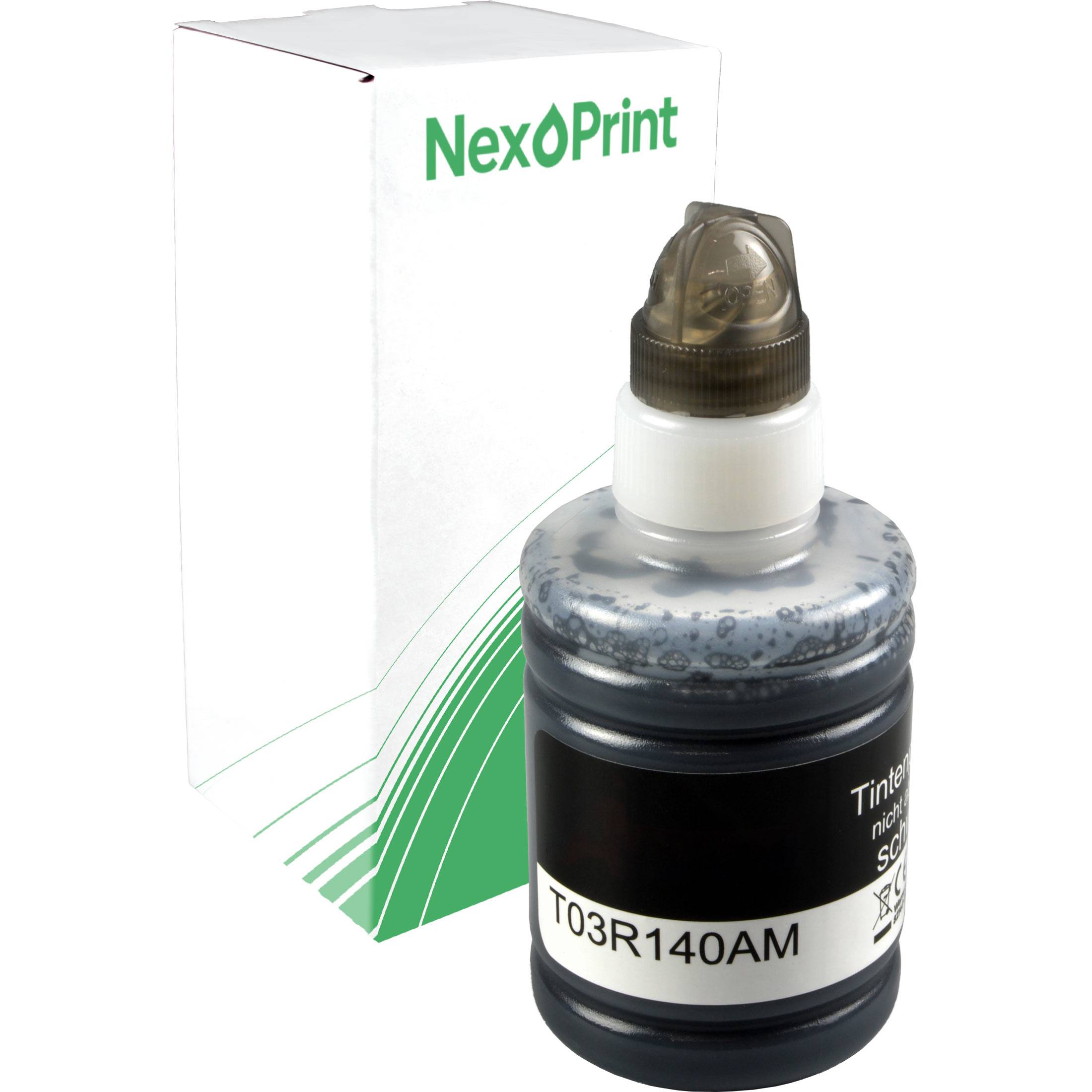 Schwarze Tintenflasche mit Etikett 'T03R140AM' neben einer weißen Schachtel, beschriftet mit 'NexPrint'.