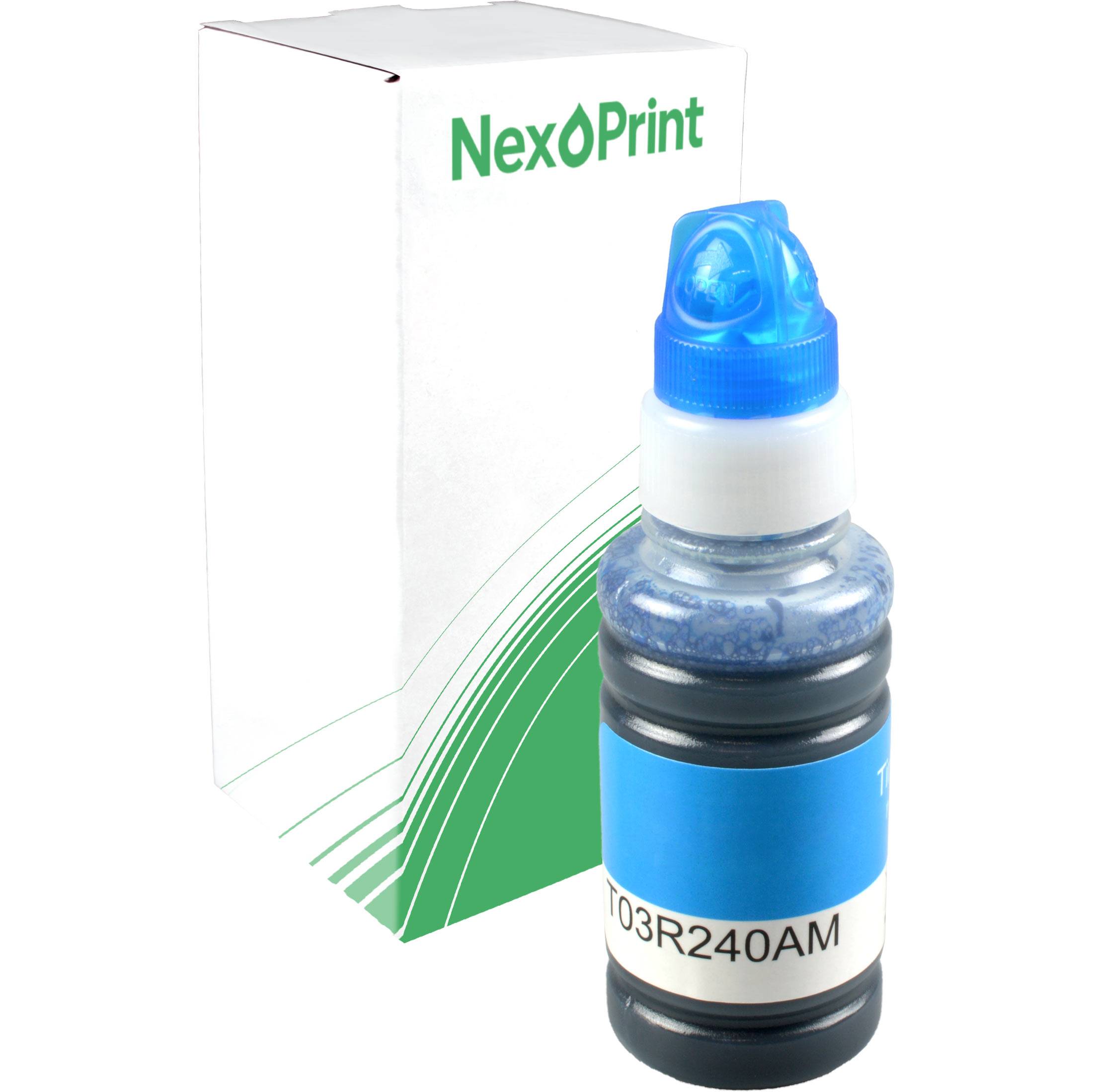 Tintenflasche mit blauem Deckel, beschriftet mit 'T03R240AM', vor einer weißen Box mit dem 'NexPrint' Logo, vor einem einfarbigen Hintergrund.