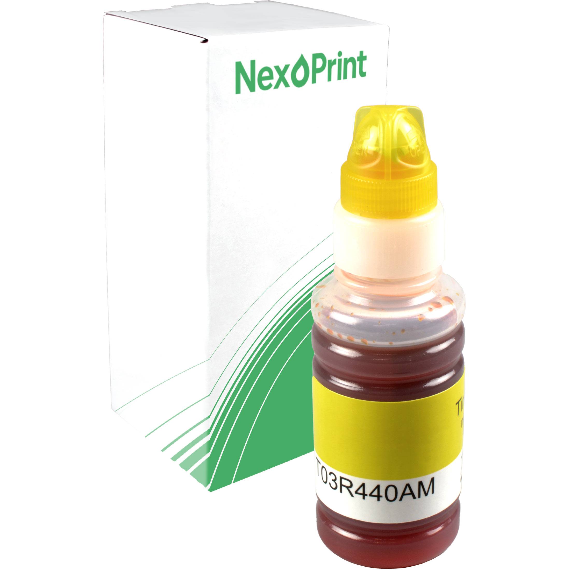 Eine Flasche mit NexPrint-Tinte mit dem Etikett 'T03R440AM' und einem gelben Deckel, die vor ihrer weiß-grünen Verpackungsschachtel platziert ist.