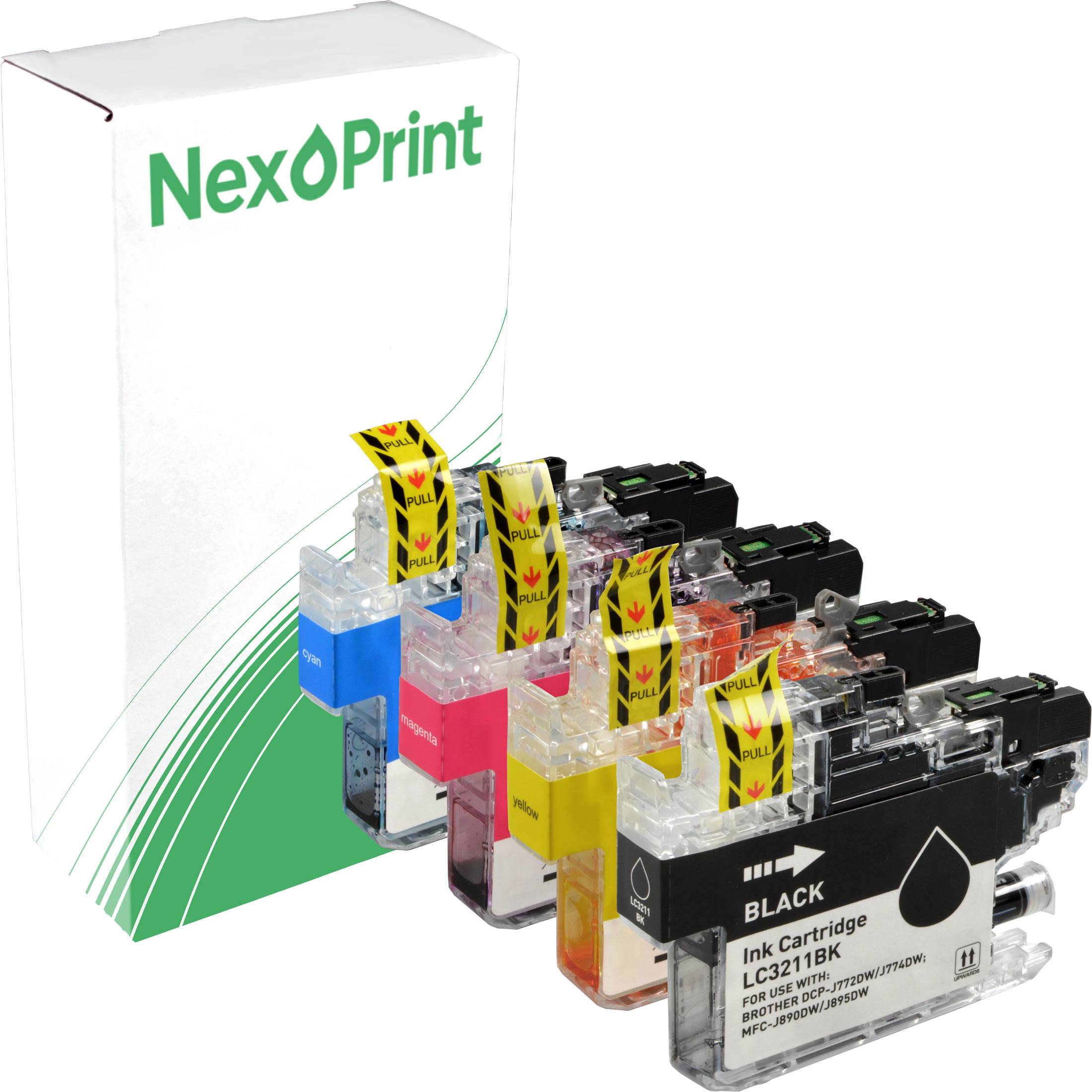 NexPrint' Marken-Tintenpatronen in Cyan, Magenta, Gelb und Schwarz, vor der Verpackung angeordnet.