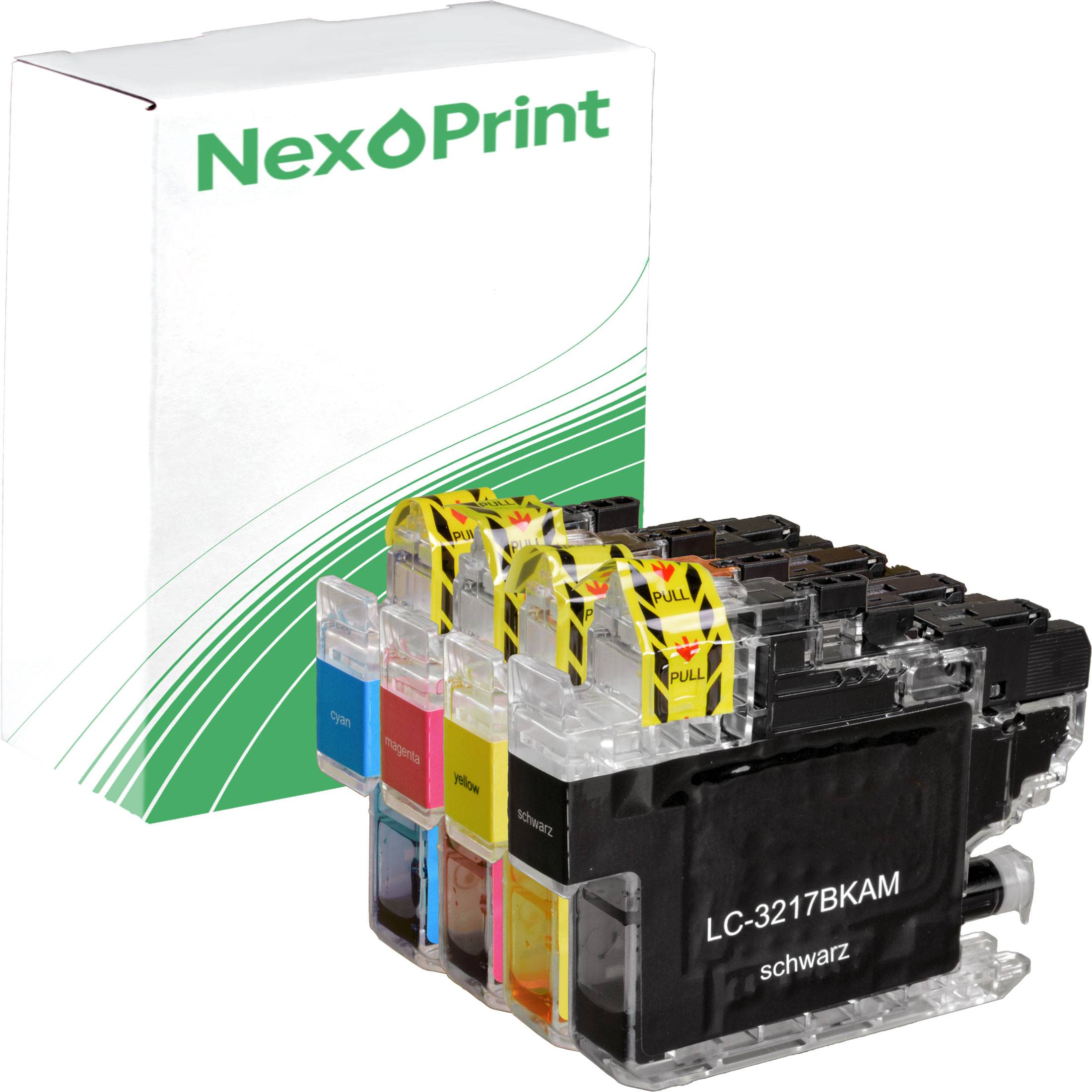 NexoPrint' Tintenpatronen in Schwarz, Cyan, Magenta und Gelb, vor der Verpackung präsentiert, geeignet für Heim- oder Bürogebrauch.