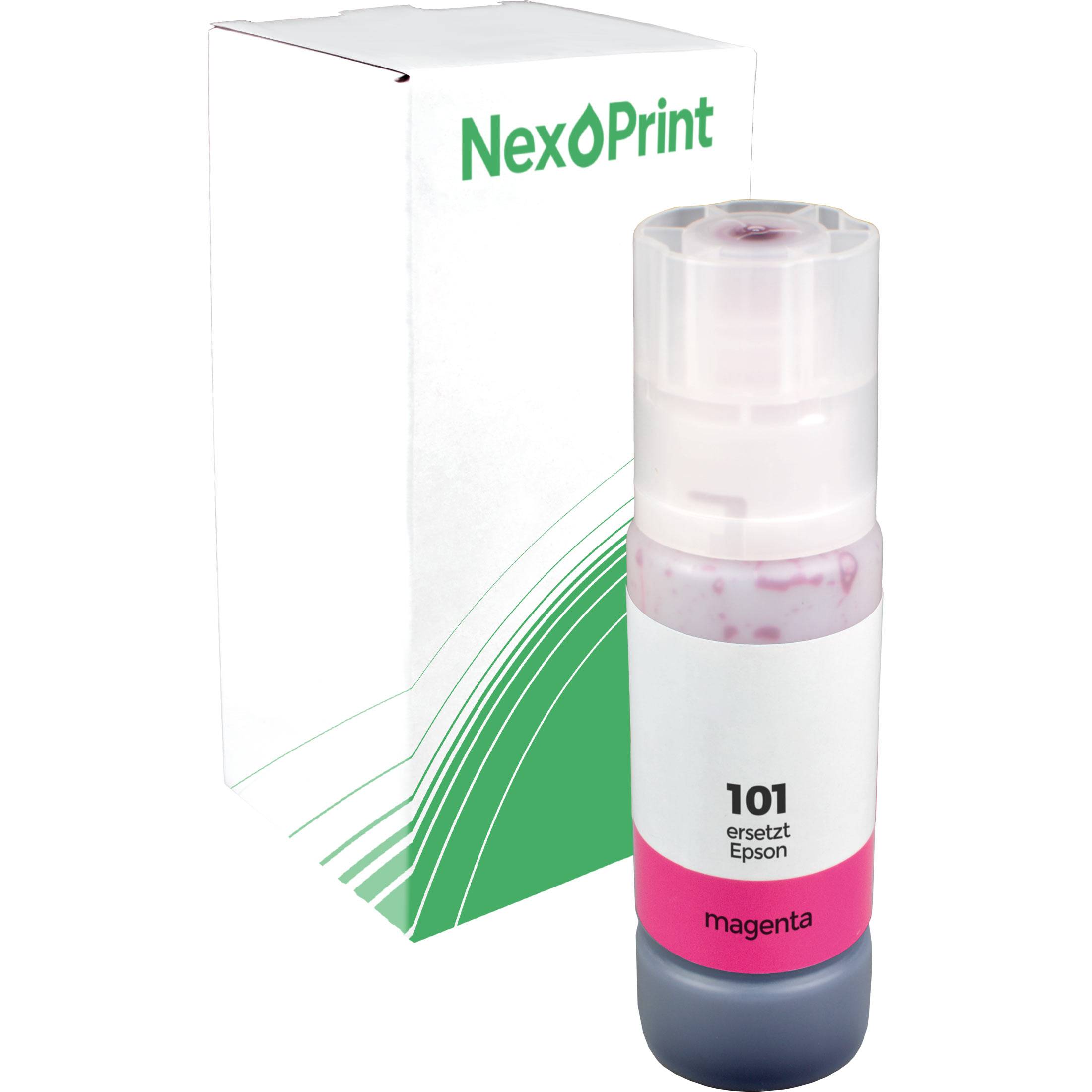 Magenta-Tintenpatrone vor einer NexOprint-Schachtel, beschriftet mit „101 ersetzt Epson