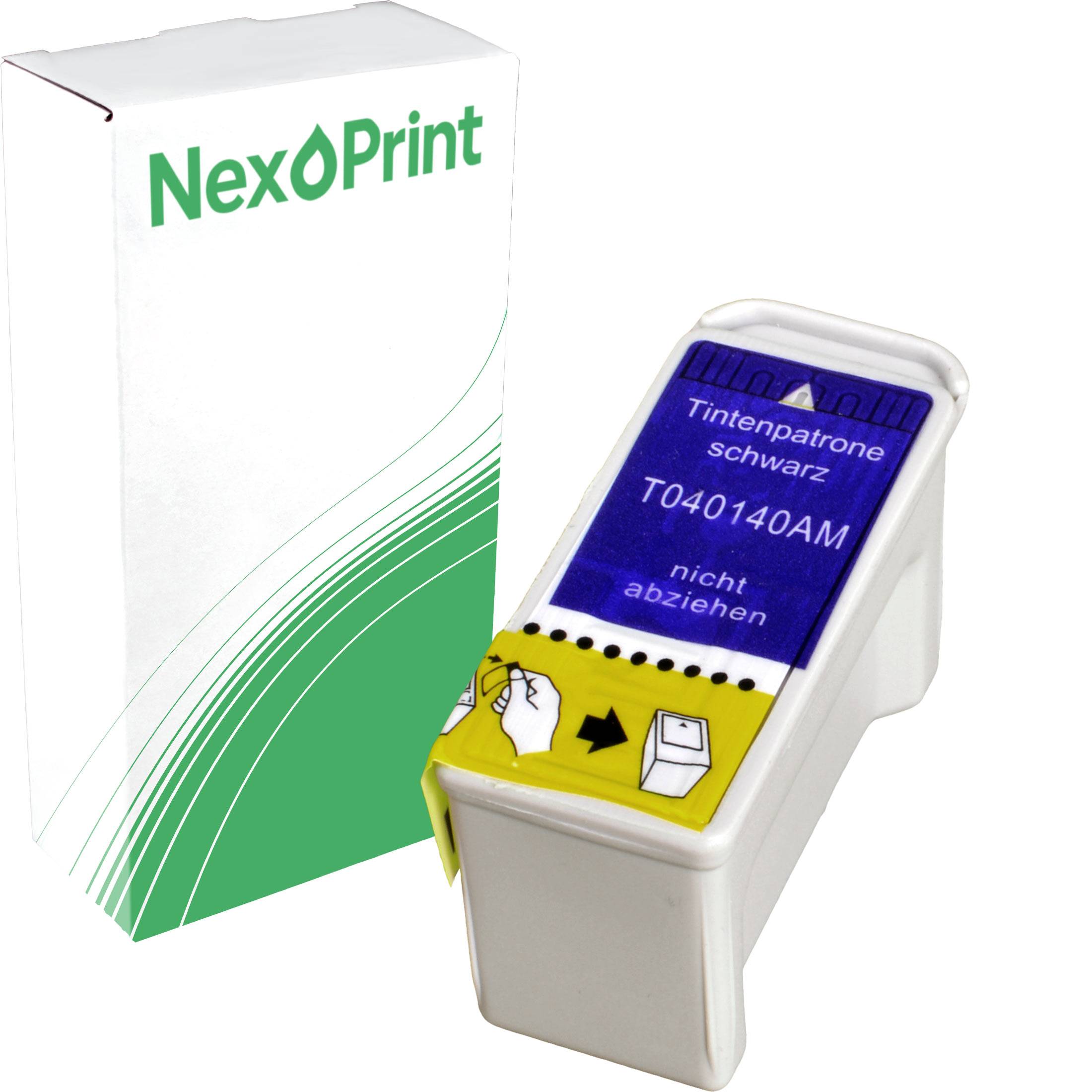 NexPrint' Tintenpatrone in blauer und weißer Verpackung, beschriftet mit 'Tintenpatrone schwarz' und 'T040140AM,' mit Entfernungsanweisungen.