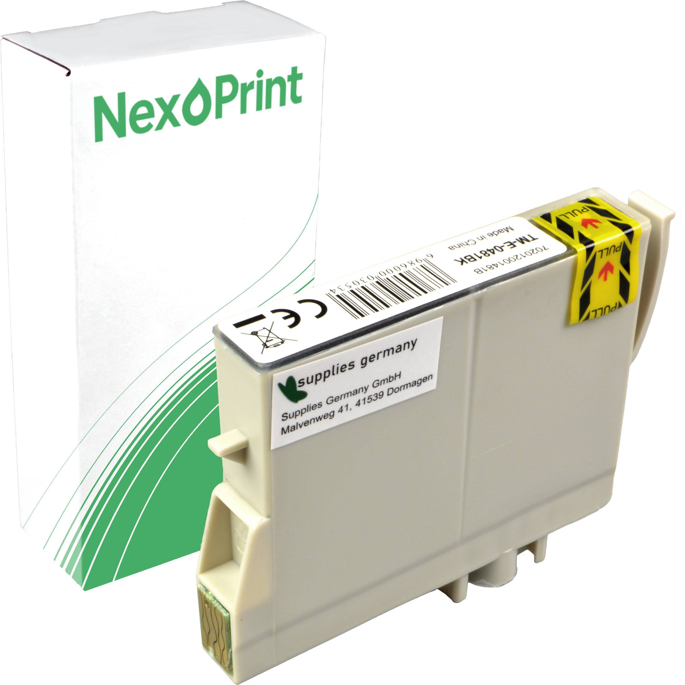 Tintenpatrone mit der Beschriftung 'supplies germany GmbH', neben einer NexPrint-Verpackung, was auf Druckerzubehör hindeutet.