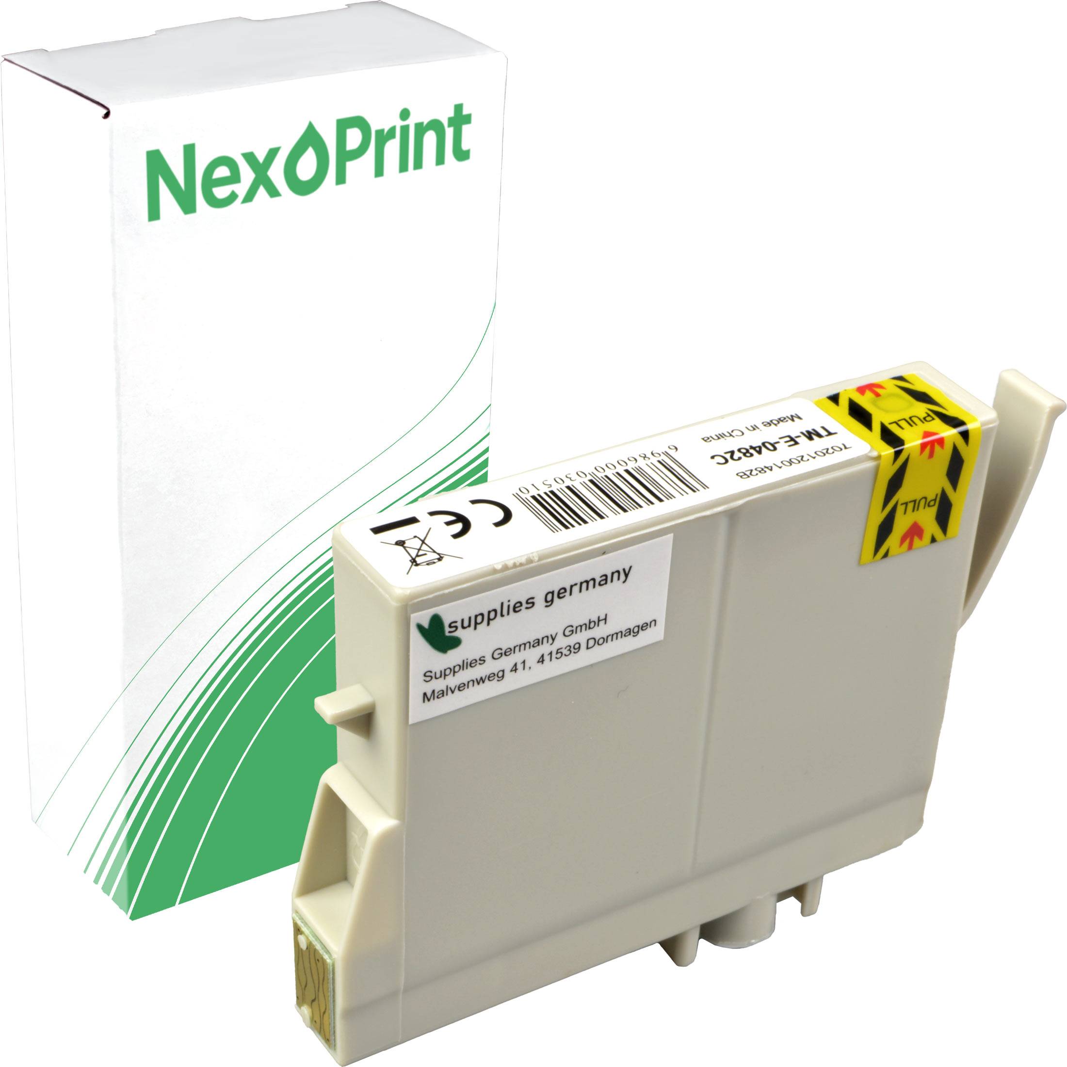 Druckerpatrone mit dem Etikett 'NexPrint', beschriftet mit Versorgungsinformationen, neben einer grün-weißen NexPrint-Schachtel.
