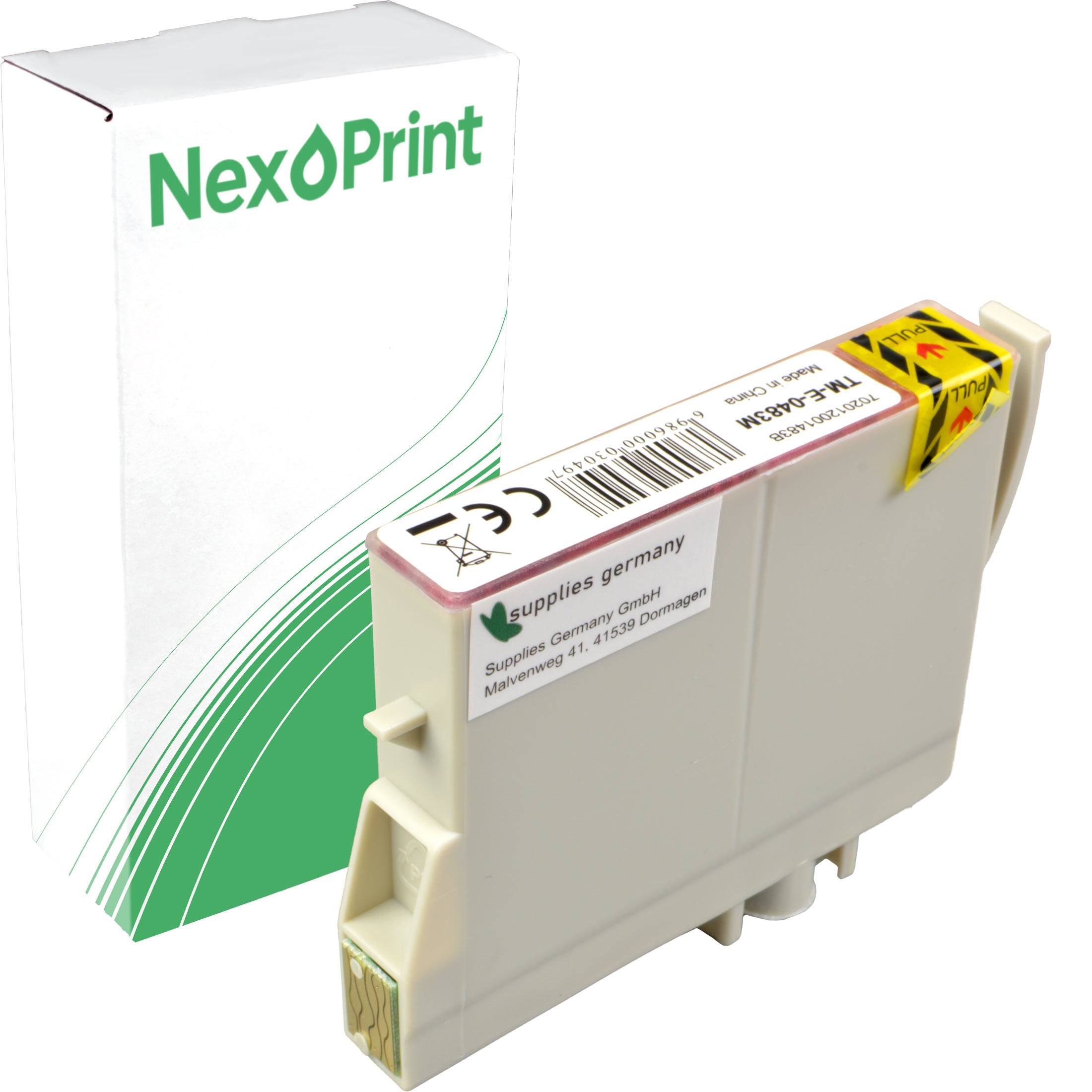 Verpackungsdesign für den 'NexoPrint' Druckerpatronenkarton mit Patrone, wobei Kompatibilität und technische Spezifikationen hervorgehoben werden.