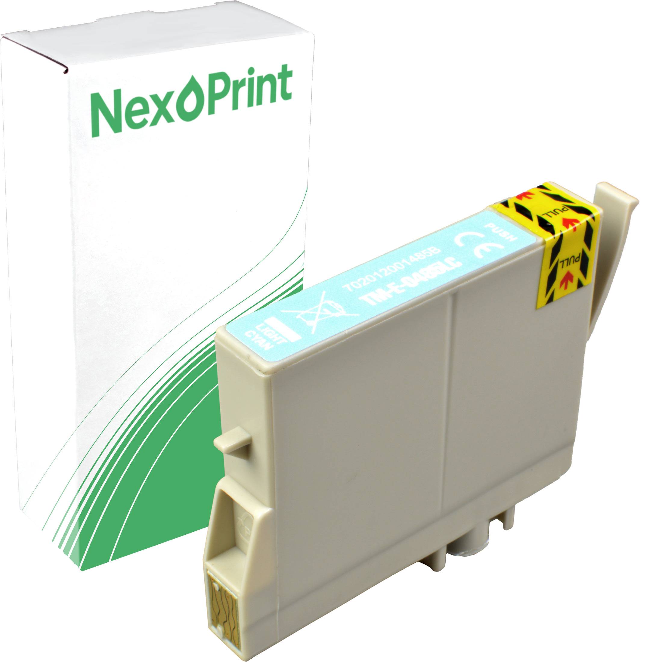 Eine Tintenpatrone wird vor einer NexPrint-Markenverpackung gezeigt, was darauf hinweist, dass sie mit Druckern kompatibel ist, die diesen Kartuschentypus verwenden.