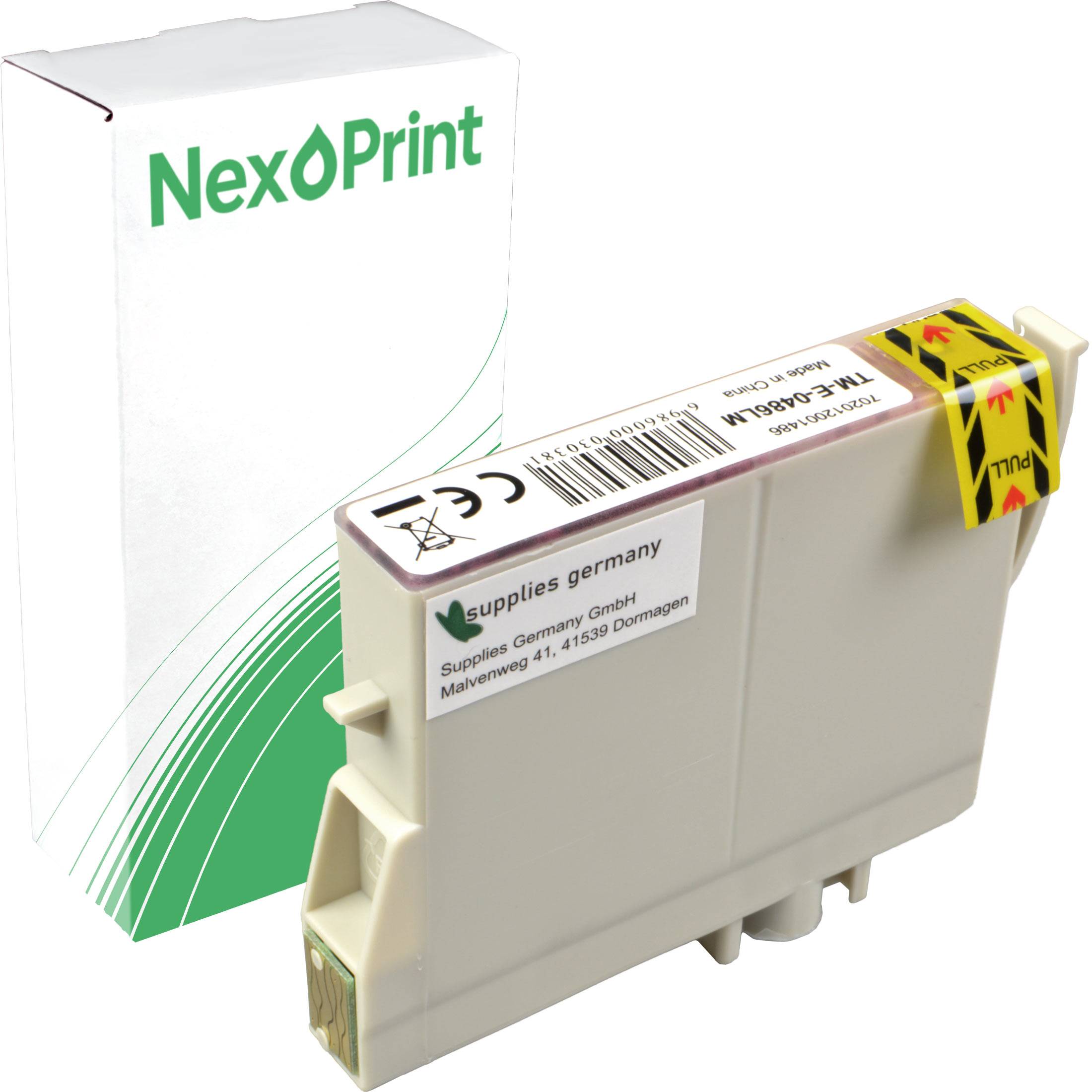 Eine Tintenpatrone mit der Bezeichnung 'TN-210BK' von Nex Print, die vor ihrer Verpackung präsentiert wird. Die Schachtel enthält Produktbranding und Modelldetails.