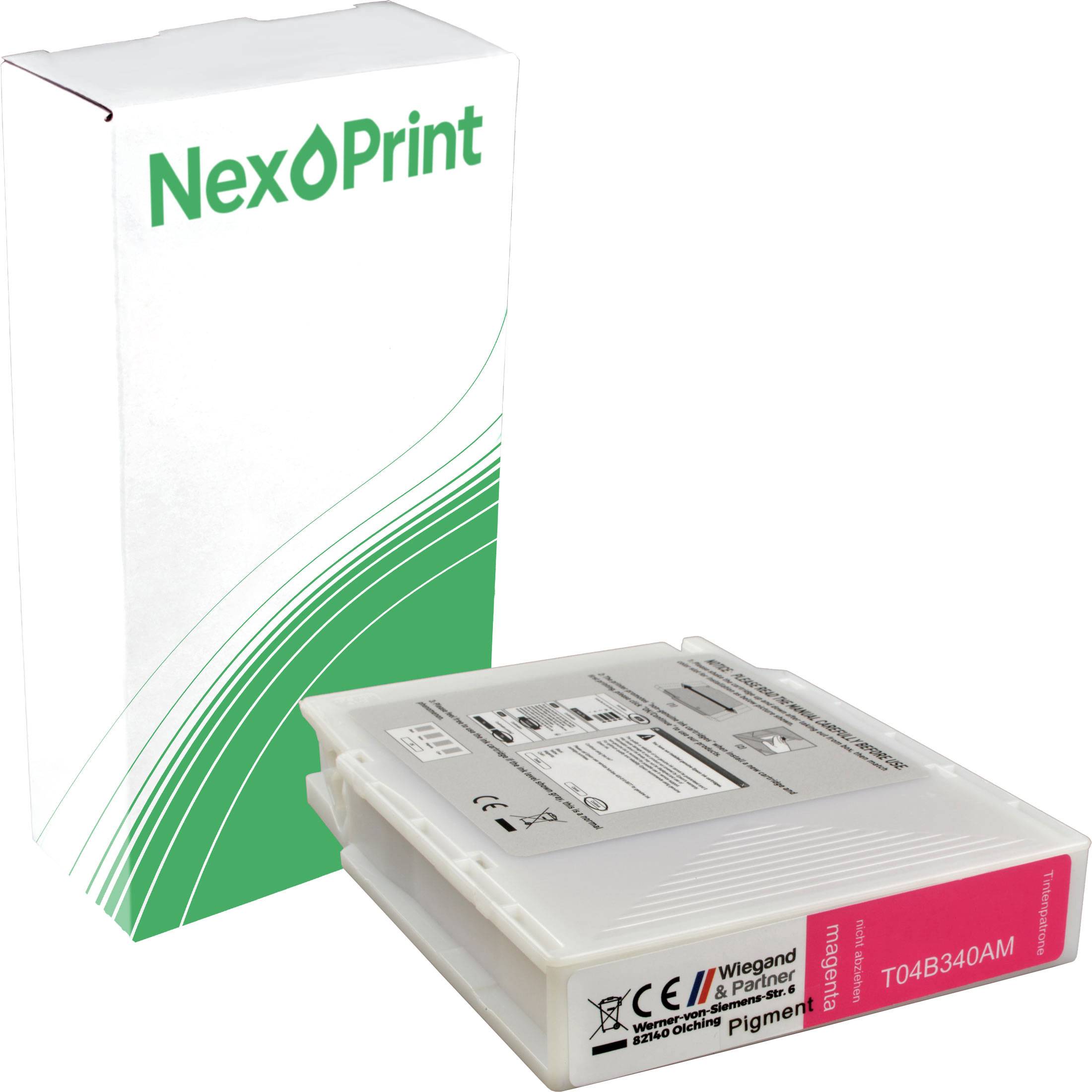 Nexoprint Tintenpatrone Verpackung, zeigt eine große weiße Schachtel mit grünem Design und Markenschrift, neben einer kleineren Patrone.