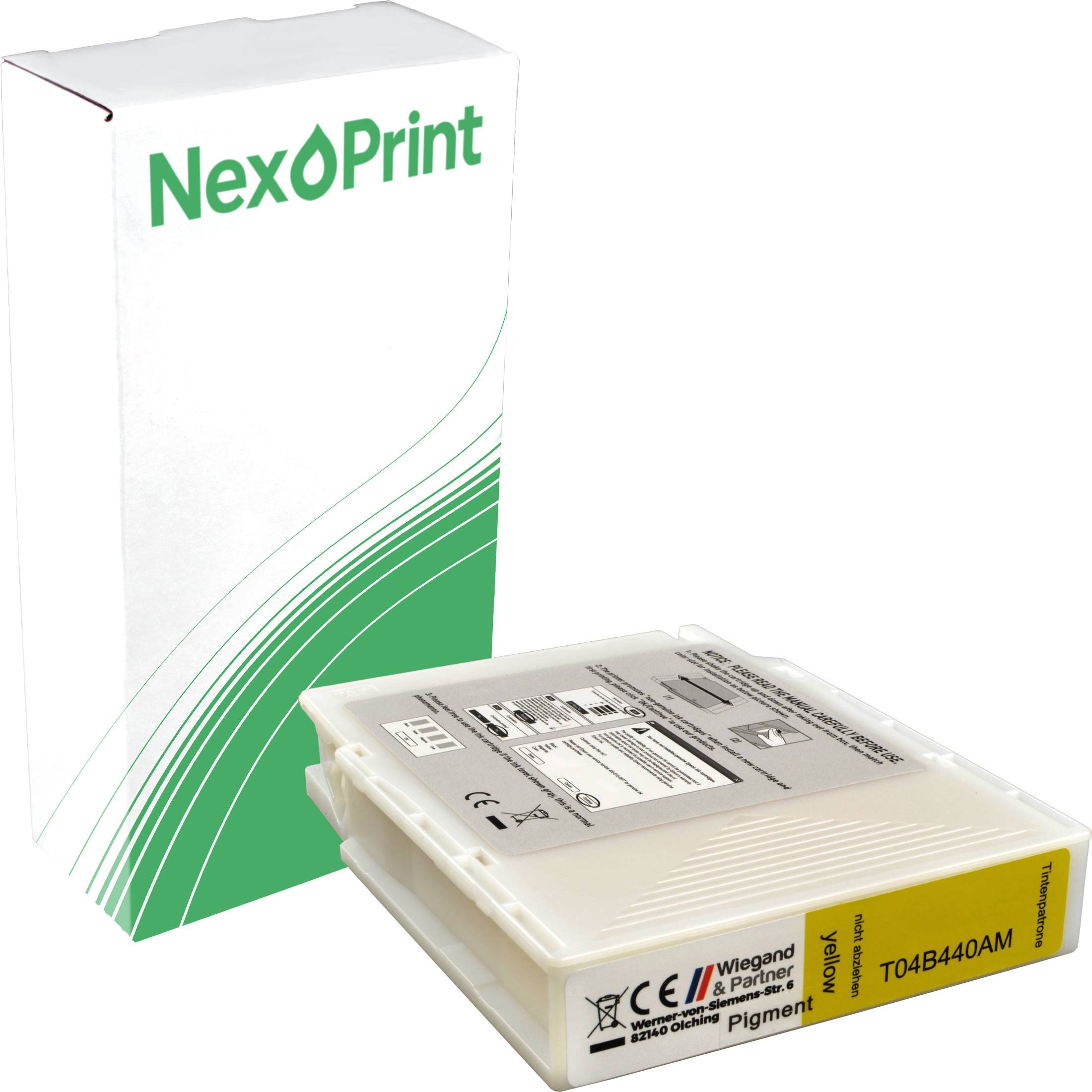 NexPrint' Markenverpackung neben einer kompatiblen Tintenpatrone, die technische Spezifikationen zeigt.