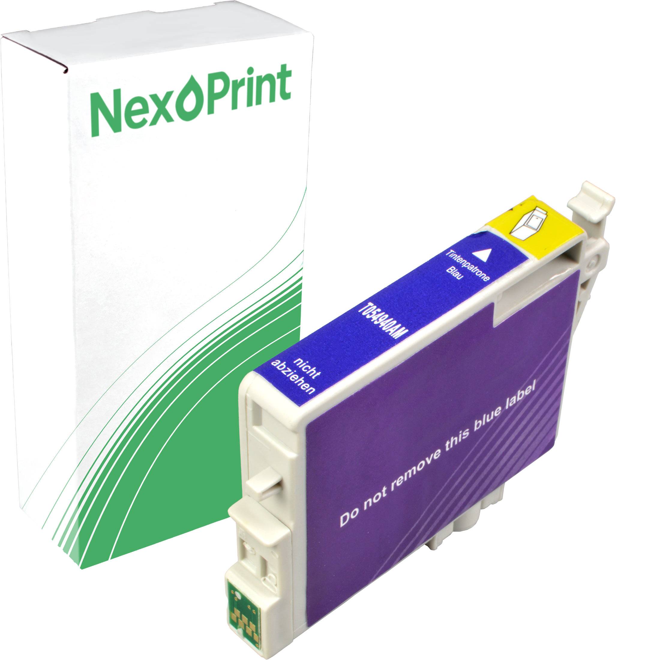 Eine mit der Marke 'NexPrint' versehene Tintenpatrone mit einem blauen Etikett und dem Text 'Nicht dieses blaue Etikett entfernen', neben ihrer Verpackungsschachtel.