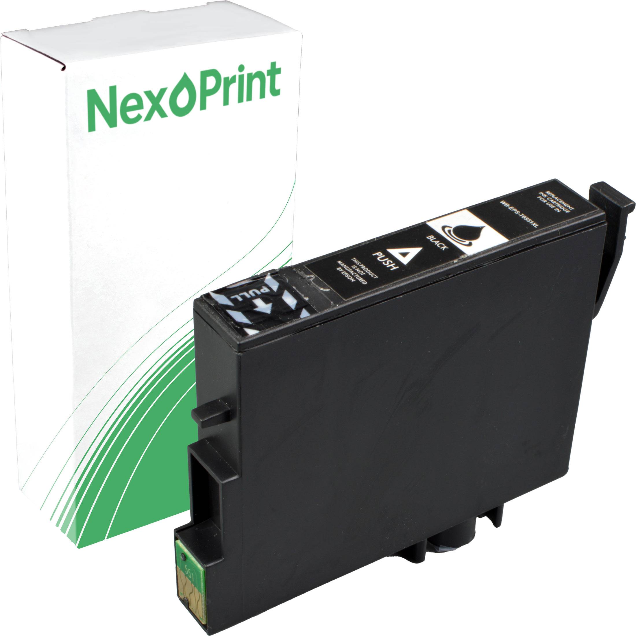 Schwarze Tintenpatrone mit der Bezeichnung 'NexPrint', zusammen mit ihrer Verpackung dargestellt.