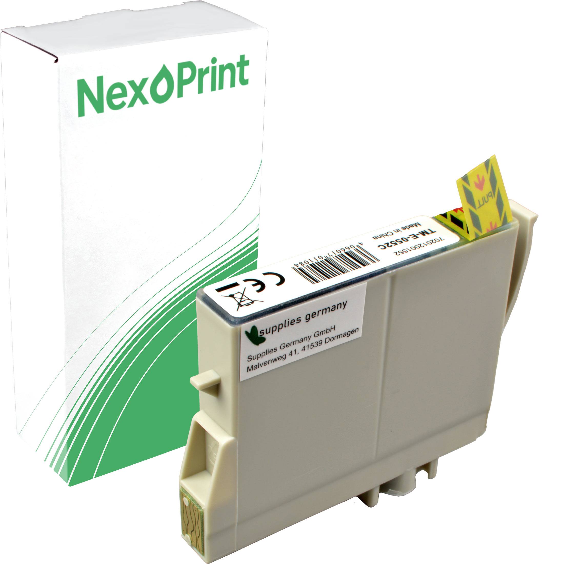 NexPrint' Tintenpatrone mit Verpackung. Die Patrone ist hellgrau, mit Barcode und Recycling-Symbolen beschriftet. Die Verpackung ist weiß und grün.