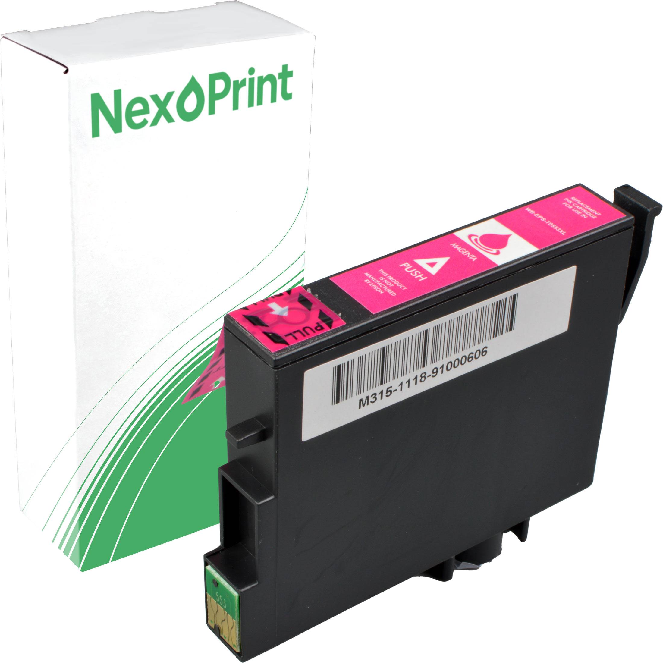 NexPrint' Marken-Tintenpatronenbox mit der daneben liegenden Patrone, die einen Magenta-Farbindikator und die Produktcodenummer M315-1118-9100606 zeigt.