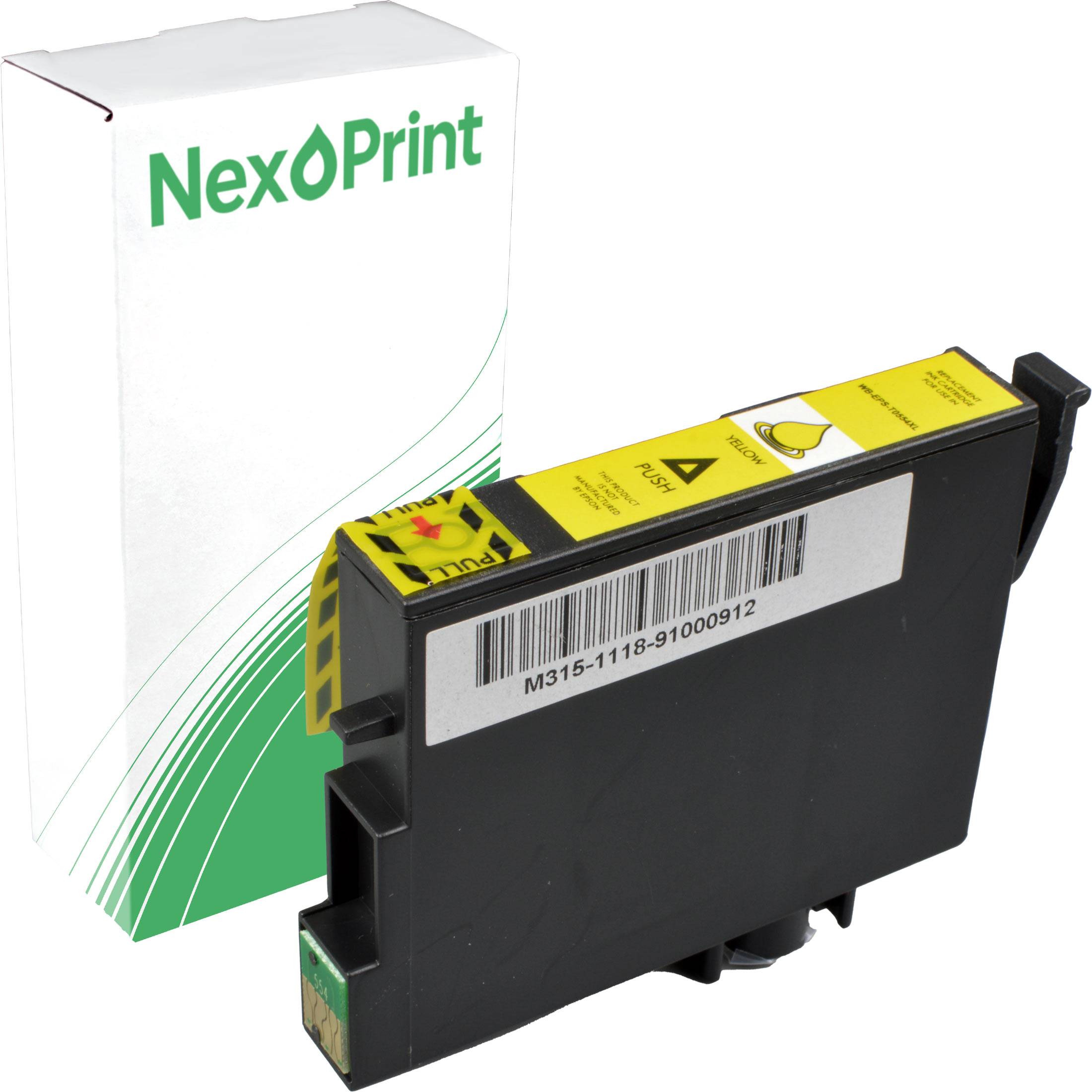 Gelbe Druckerpatrone mit einem Karton der Marke 'NexPrint' im Hintergrund, geeignet für verschiedene Druckermodelle.