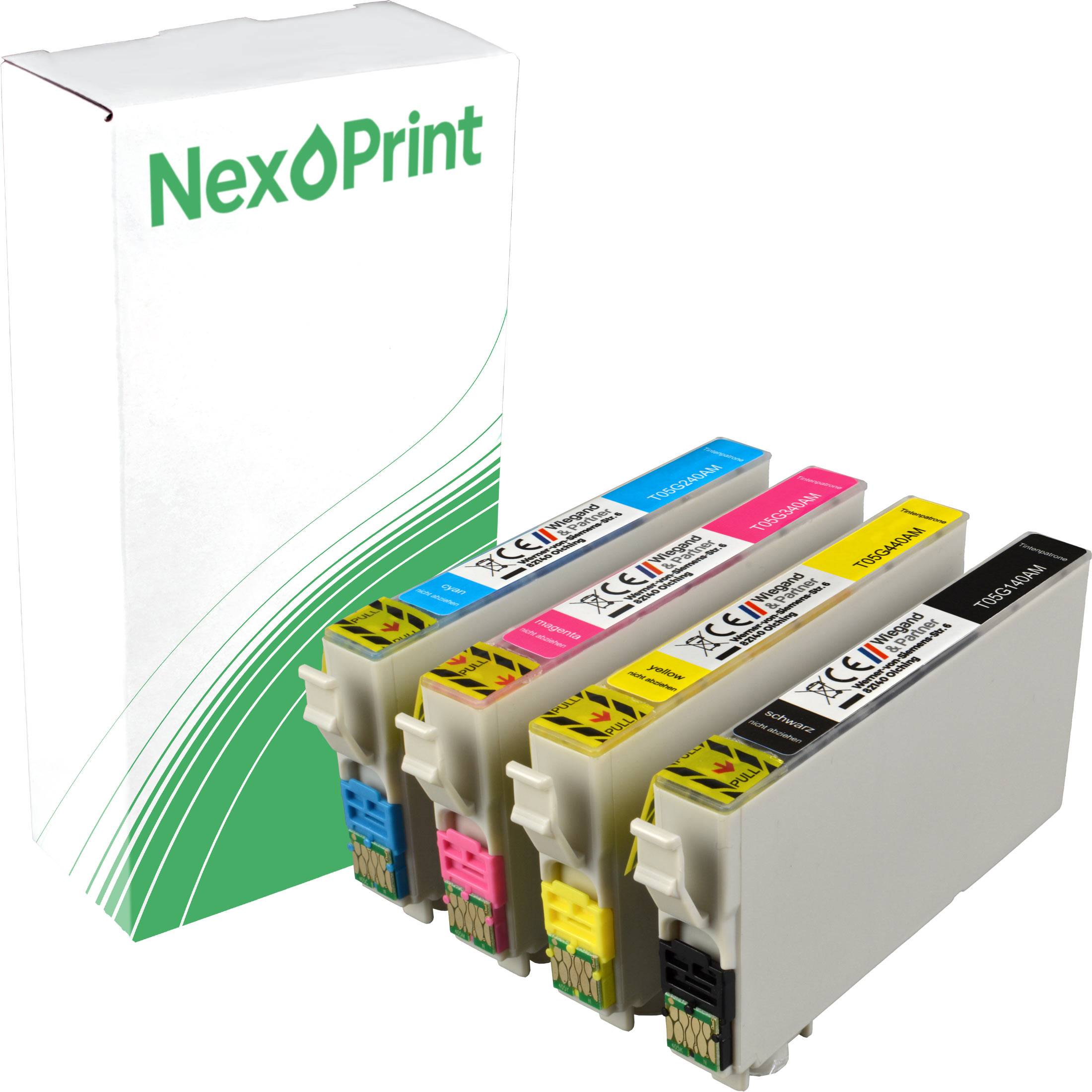Vier Tintenpatronen in Cyan, Magenta, Gelb und Schwarz sind vor einer NexPrint-Verpackung aufgereiht.