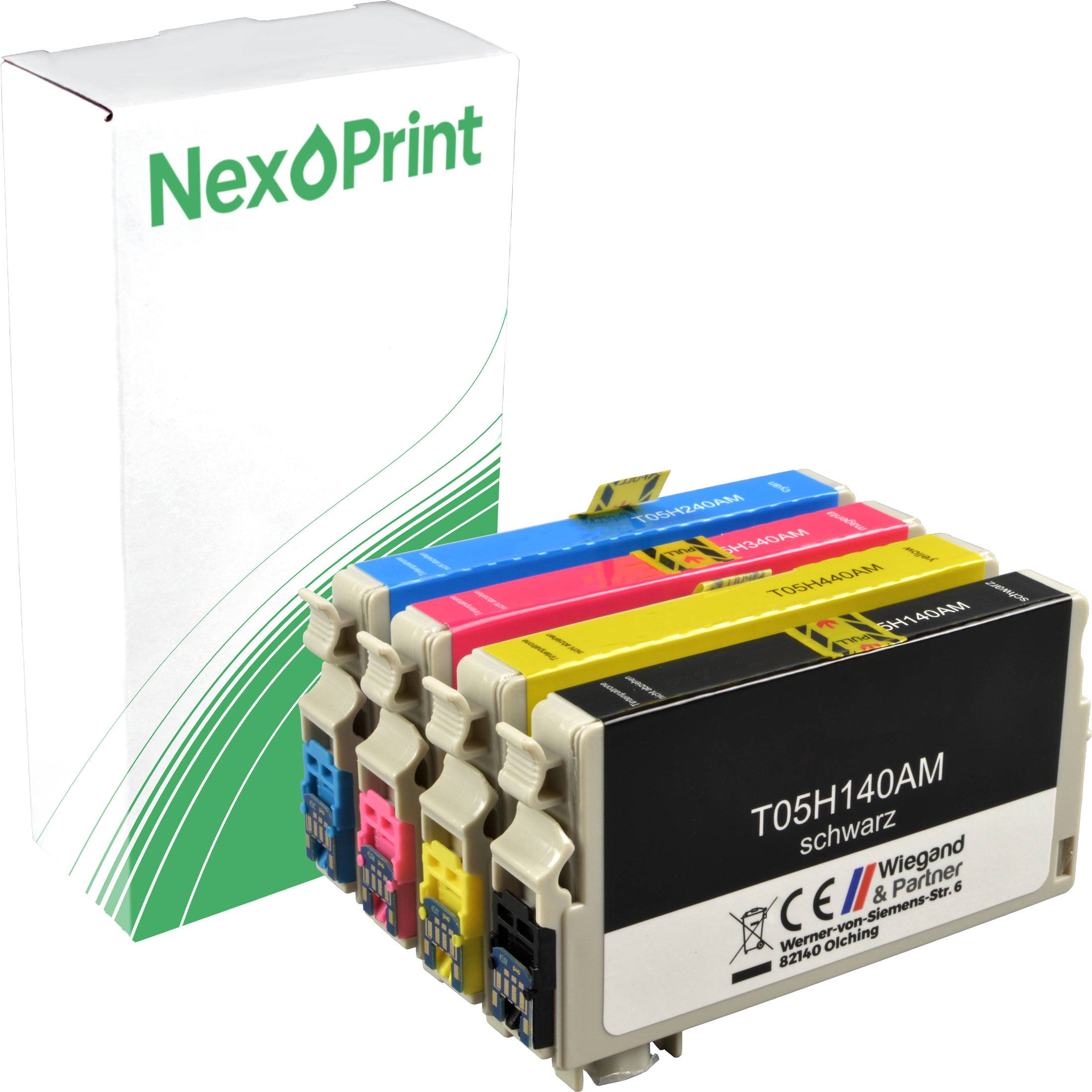 Eine 'NexPrint' Markenbox neben vier in einer Reihe angeordneten farbigen Tintenpatronen: schwarz, gelb, cyan und magenta.