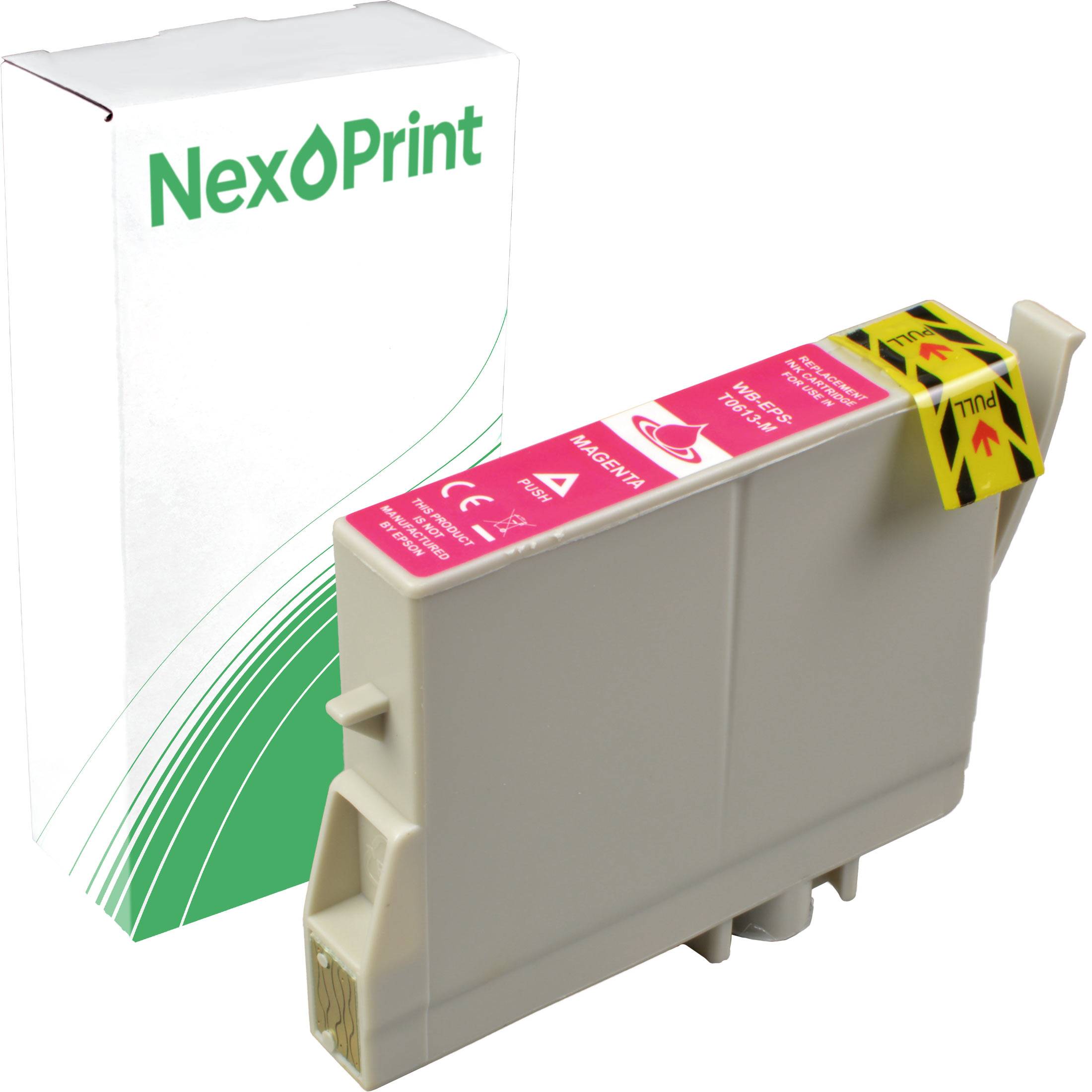 Das Bild zeigt eine magentafarbene NexPrint-Tintenkartusche und deren Verpackung im Hintergrund und betont dabei Produktdesign und Farbe.