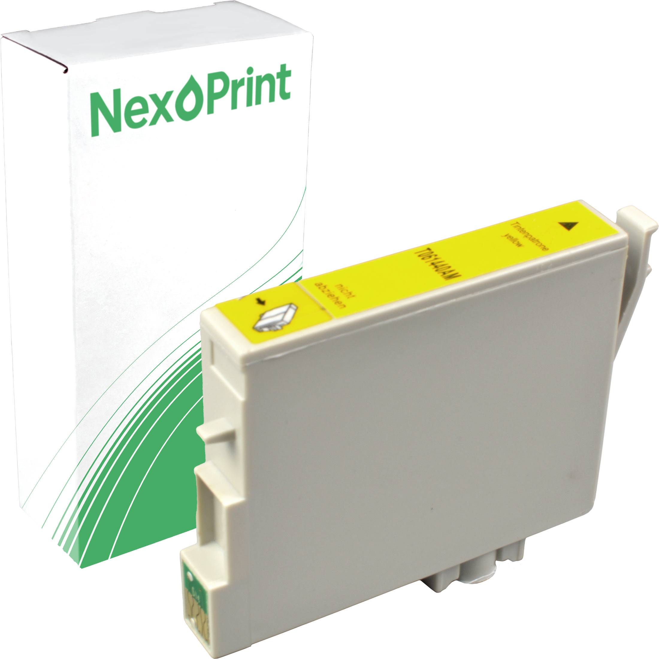 Druckerpatrone neben einer Verpackung der Marke 'NexPrint'. Die Patrone ist als gelb gekennzeichnet.