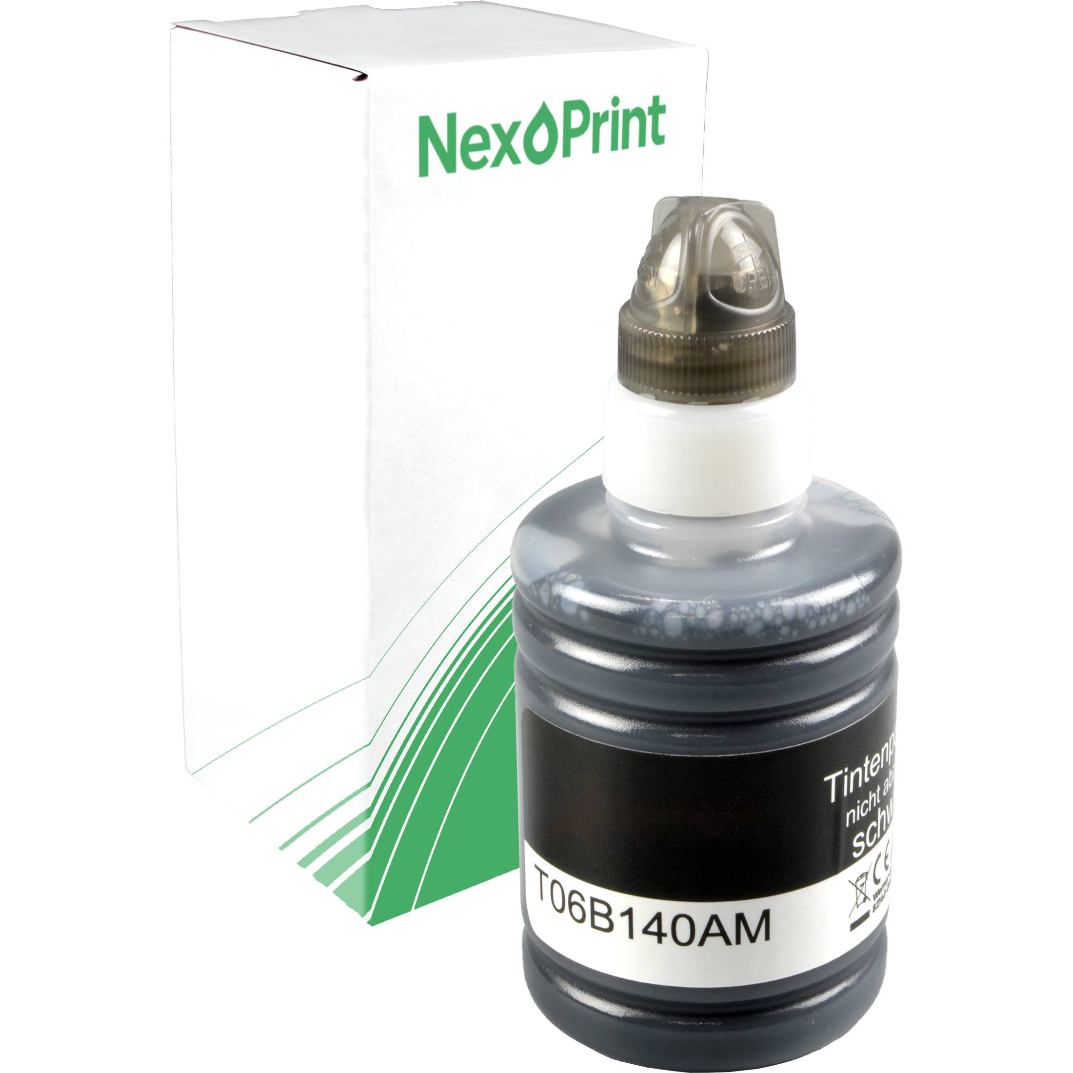 Tintenflasche mit der Bezeichnung T06B140AM vor einer NexPrint-Verpackung.