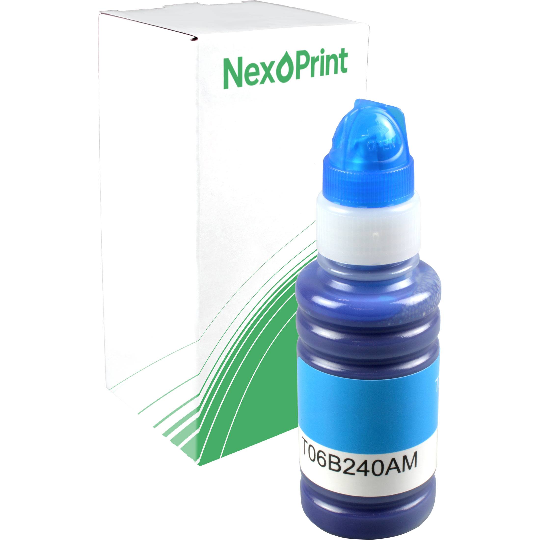 Eine Flasche blaue Tinte mit der Bezeichnung 'T06B240AM' steht vor einer weiß-grünen NexPrint-Verpackungsbox.