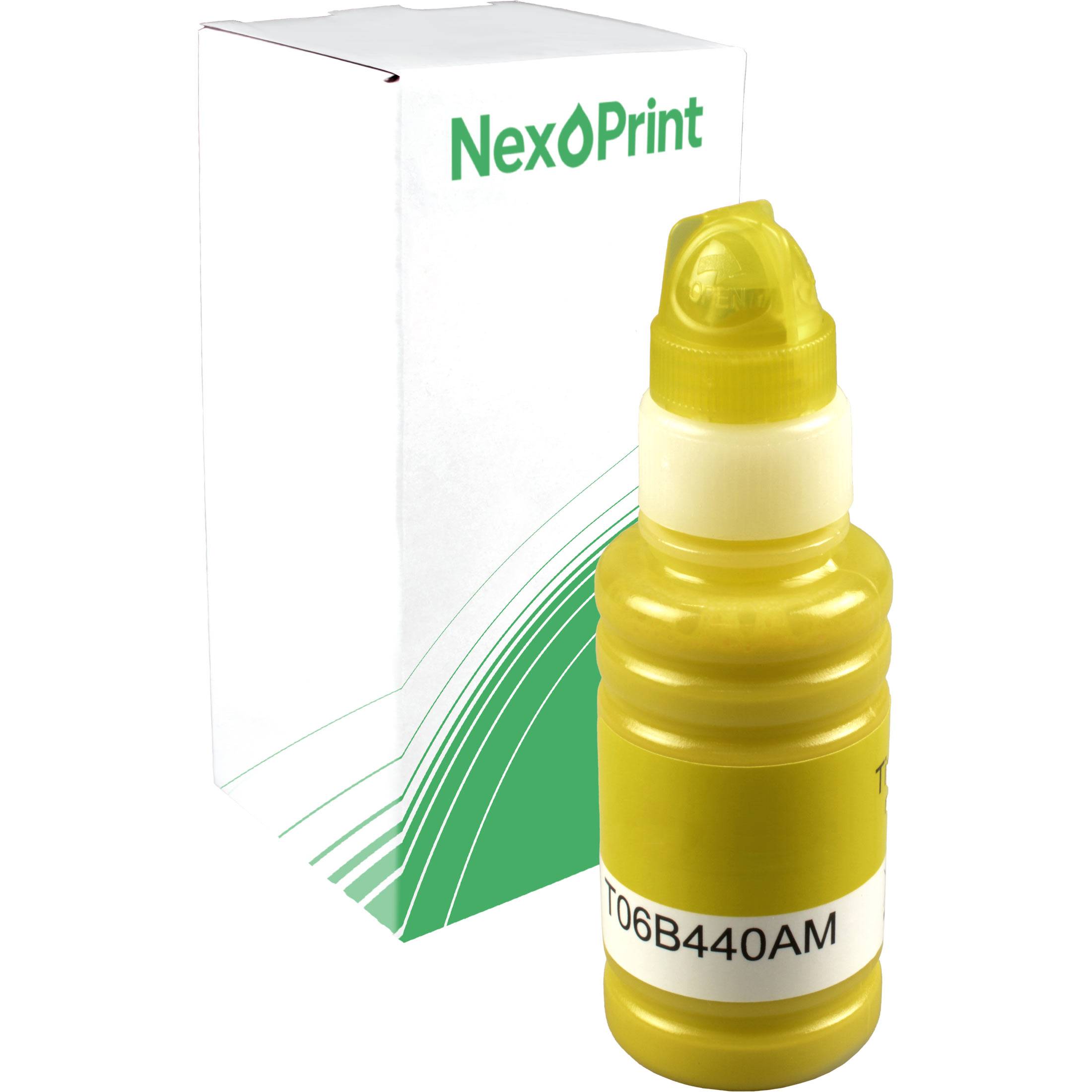 Eine gelbe Tintenflasche mit der Bezeichnung ‚T06B440AM' wird vor einer weißen Box mit grünen Mustern und ‚NexPrint' in grüner Schrift platziert.