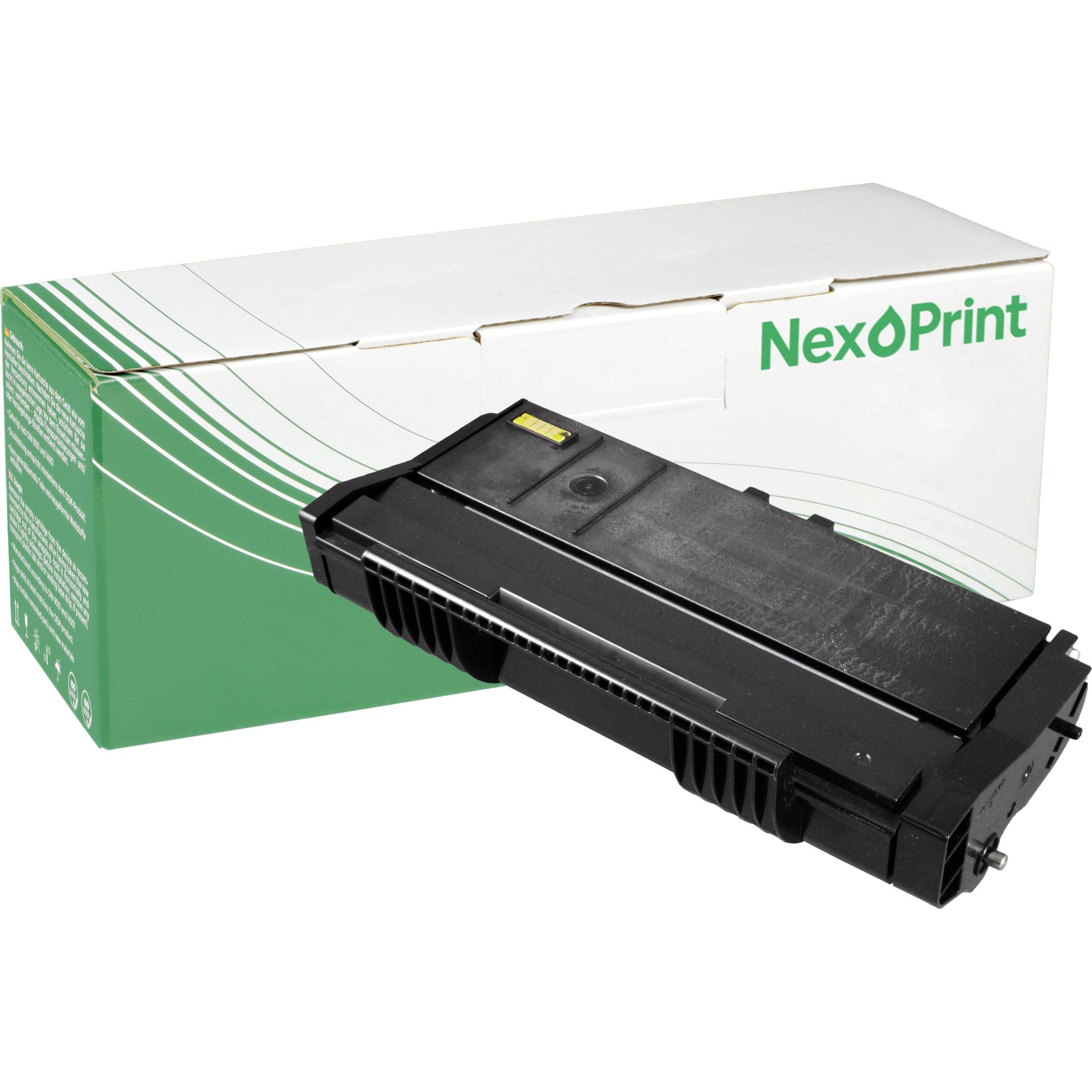 Eine 'NexoPrint' Tonerkartusche wird vor ihrer Verpackungsbox platziert, die ein grün-weißes Verpackungsdesign aufweist.