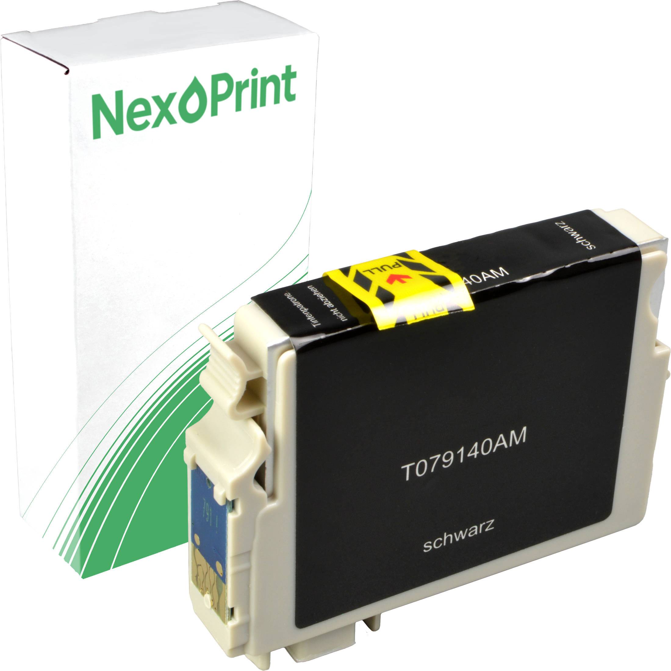 NexPrint schwarze Tintenpatrone mit Verpackung zeigt 'T079140AM'.