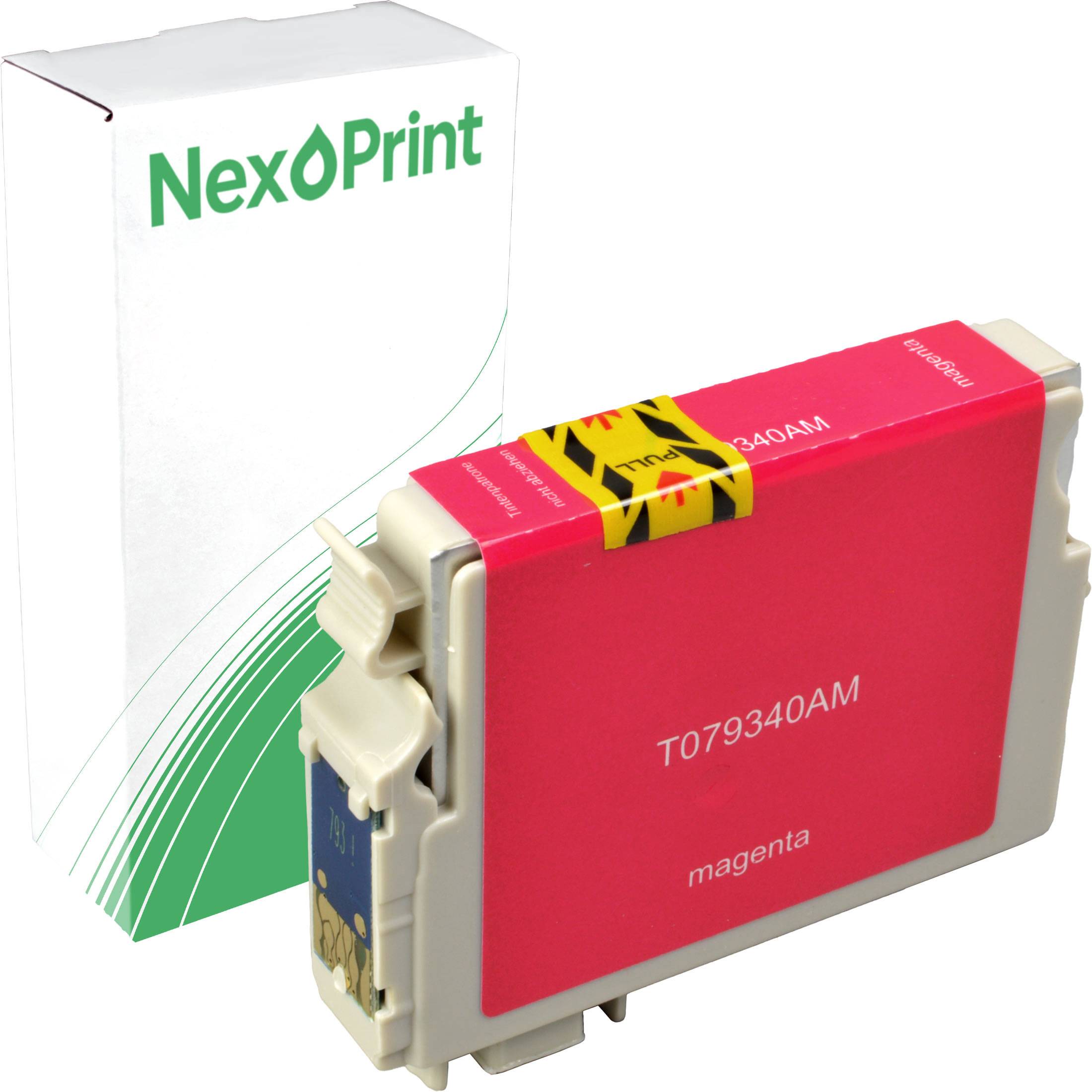 Magenta-Tintenpatrone mit der Bezeichnung 'T079340AM', mit 'NexPrint'-Markenbox im Hintergrund.