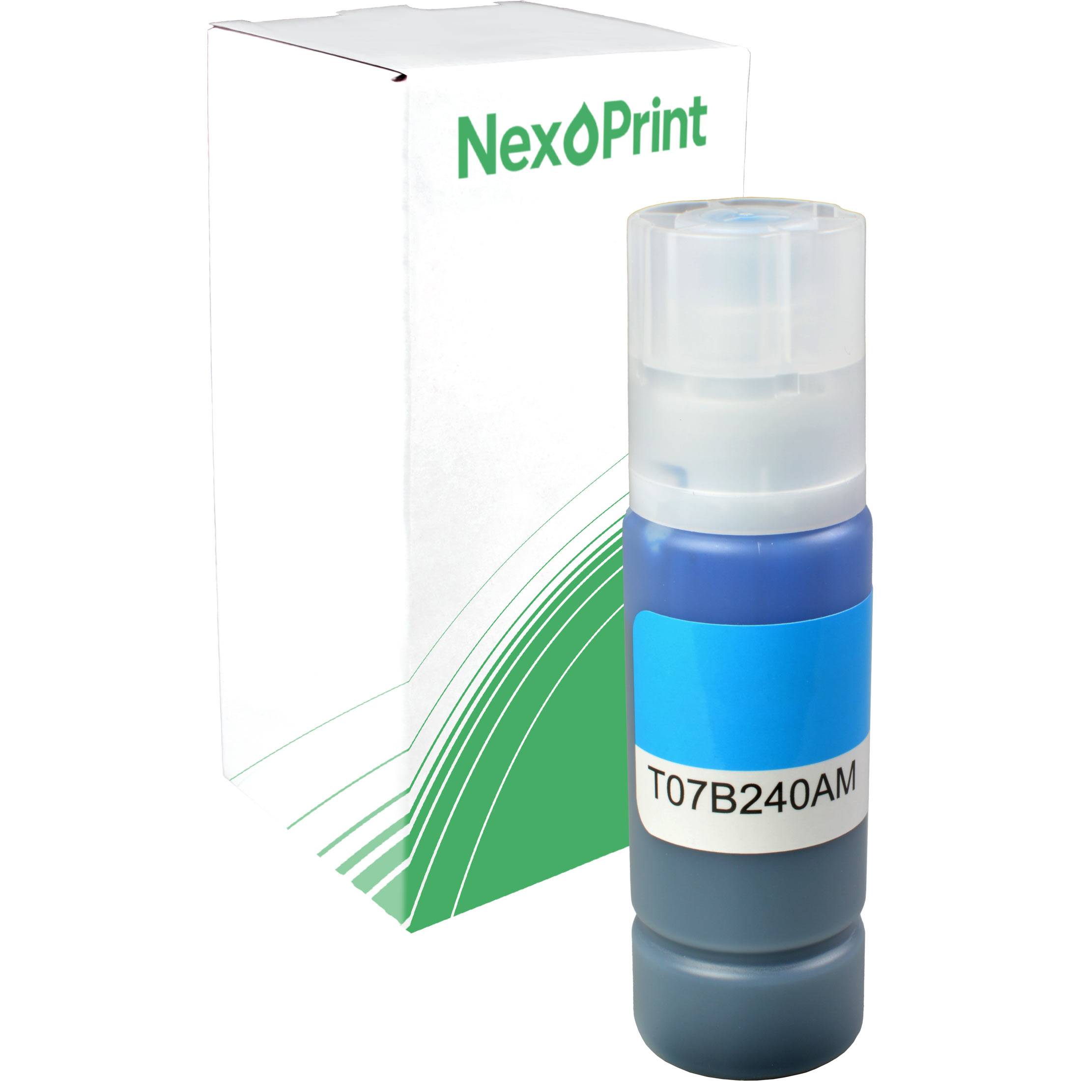 NexPrint' Tintenflasche mit Teilenummer 'T07B240AM' vor einer Markenkiste, die ein elegantes Design für Drucker zeigt.