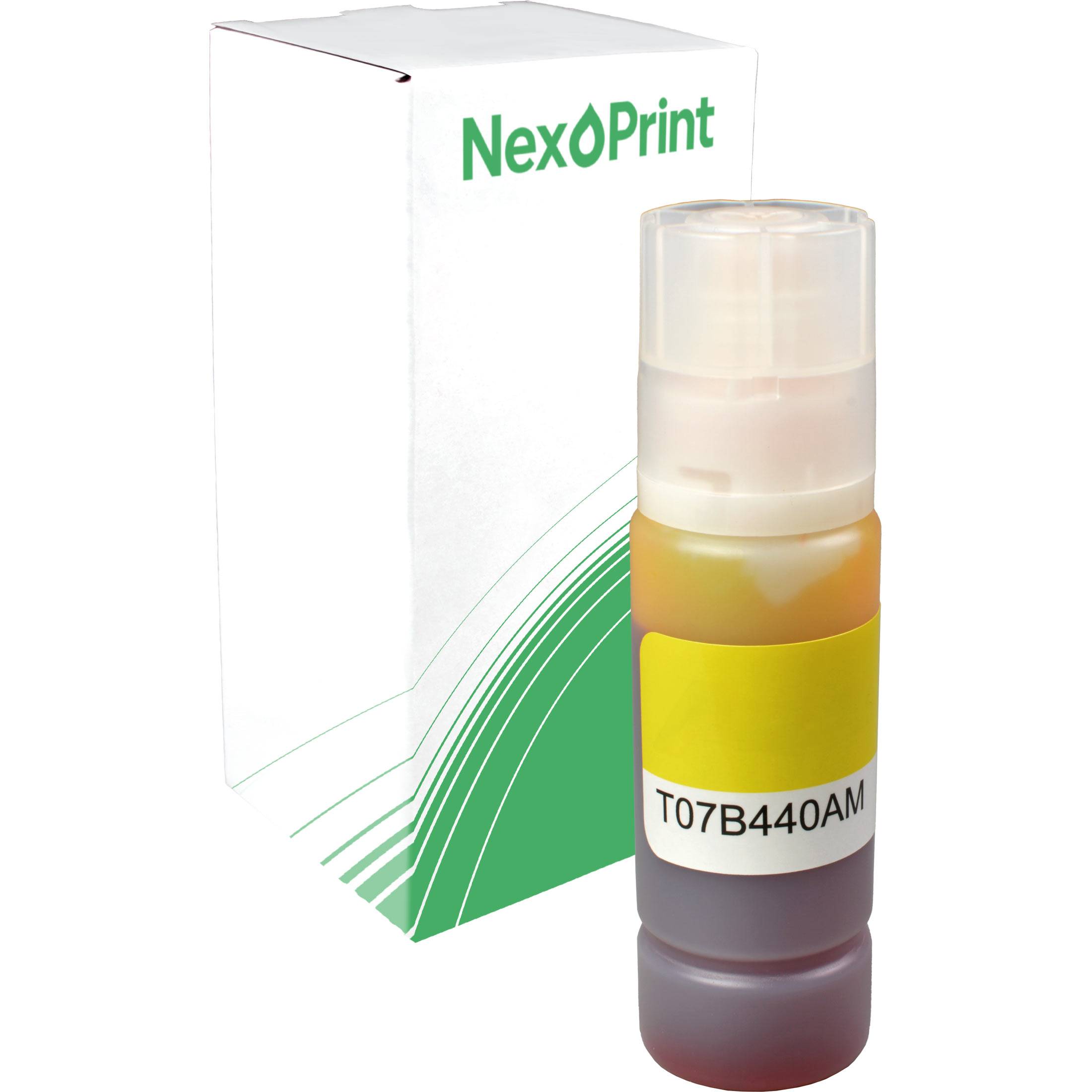 Tintenflasche mit der Beschriftung ‚T07B440AM', die vor einer Box mit der Markenbezeichnung ‚NexOPrint' steht, dargestellt mit grün-weißen Designelementen.