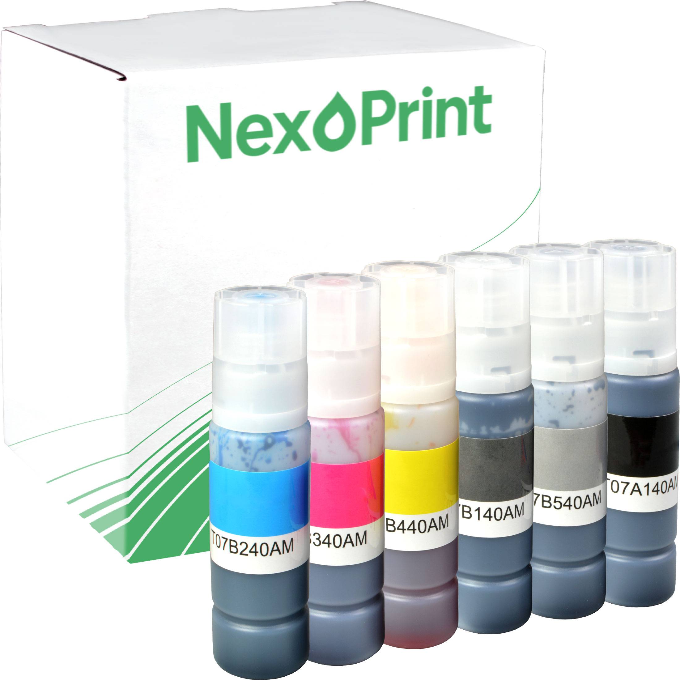 Karton mit der Aufschrift NexPrint, der sechs Tintenflaschen in verschiedenen Farben enthält, mit Etiketten wie B07B240AM und B340AM.