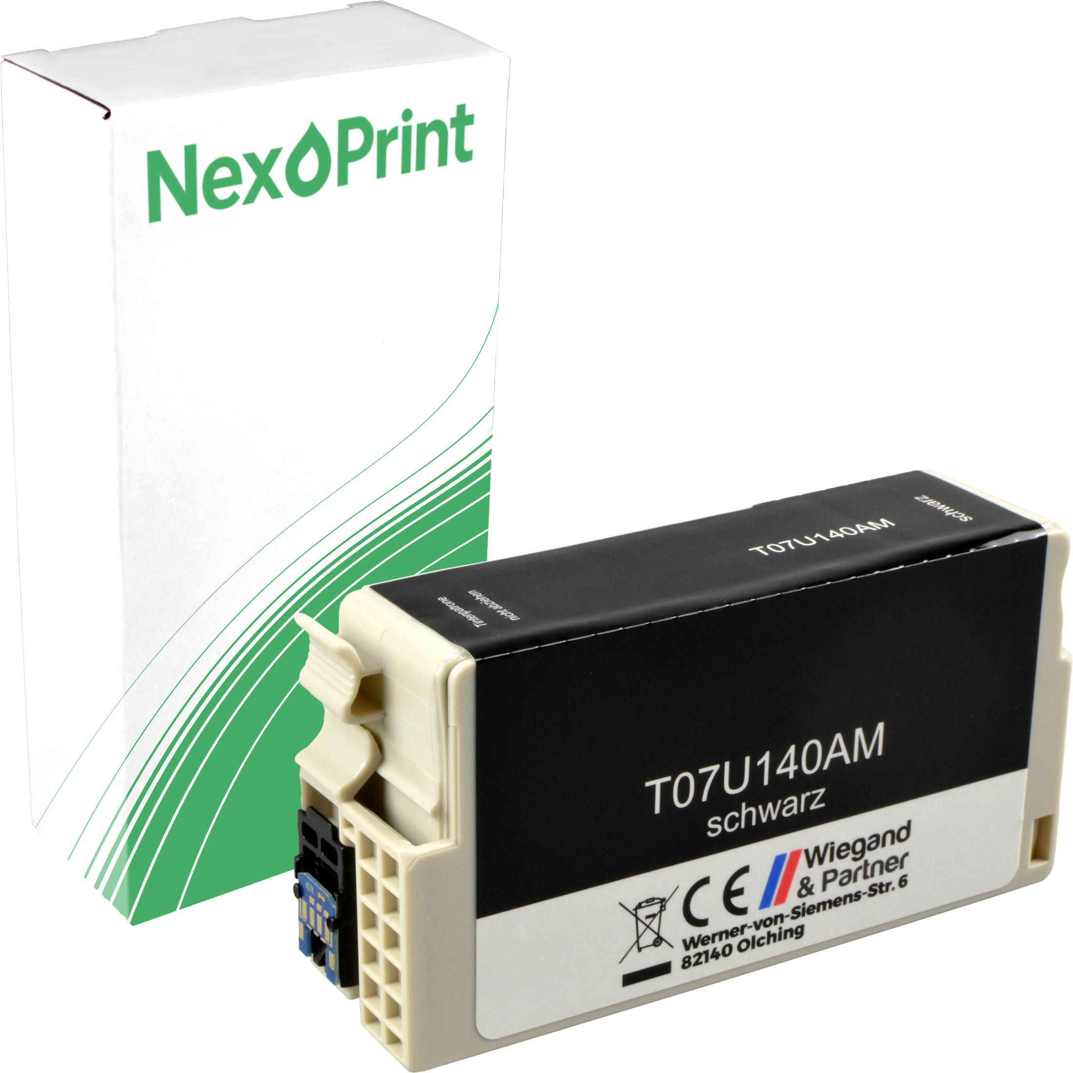 Eine schwarze Druckerpatrone mit der Beschriftung 'T07U140AM schwarz' liegt vor einer NexPrint-Verpackung mit grüner Grafik.