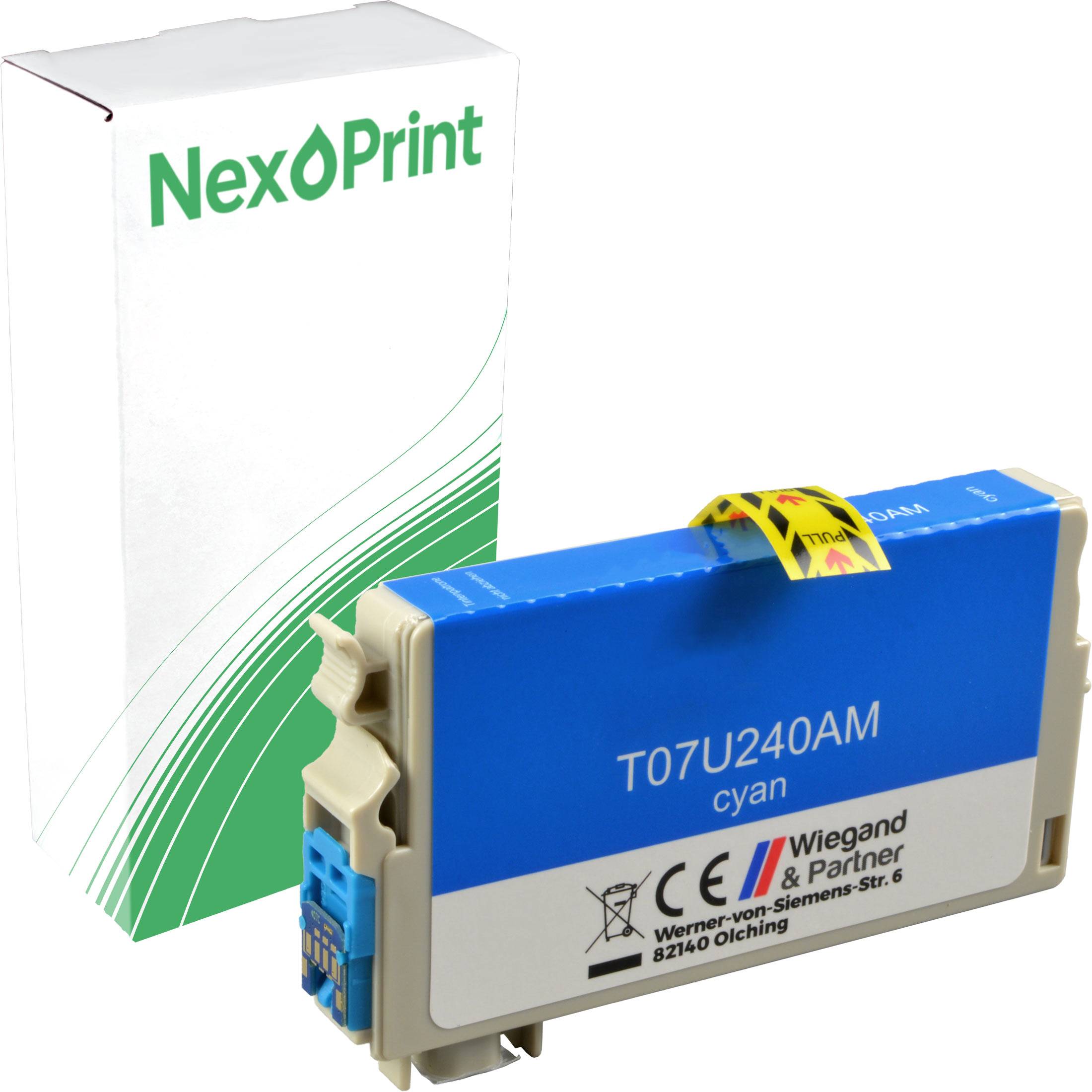 Eine Cyan-Tintenpatrone mit der Bezeichnung 'T07U240AM' wird neben ihrer Verpackung präsentiert, auf der 'NexoPrint' gedruckt ist.