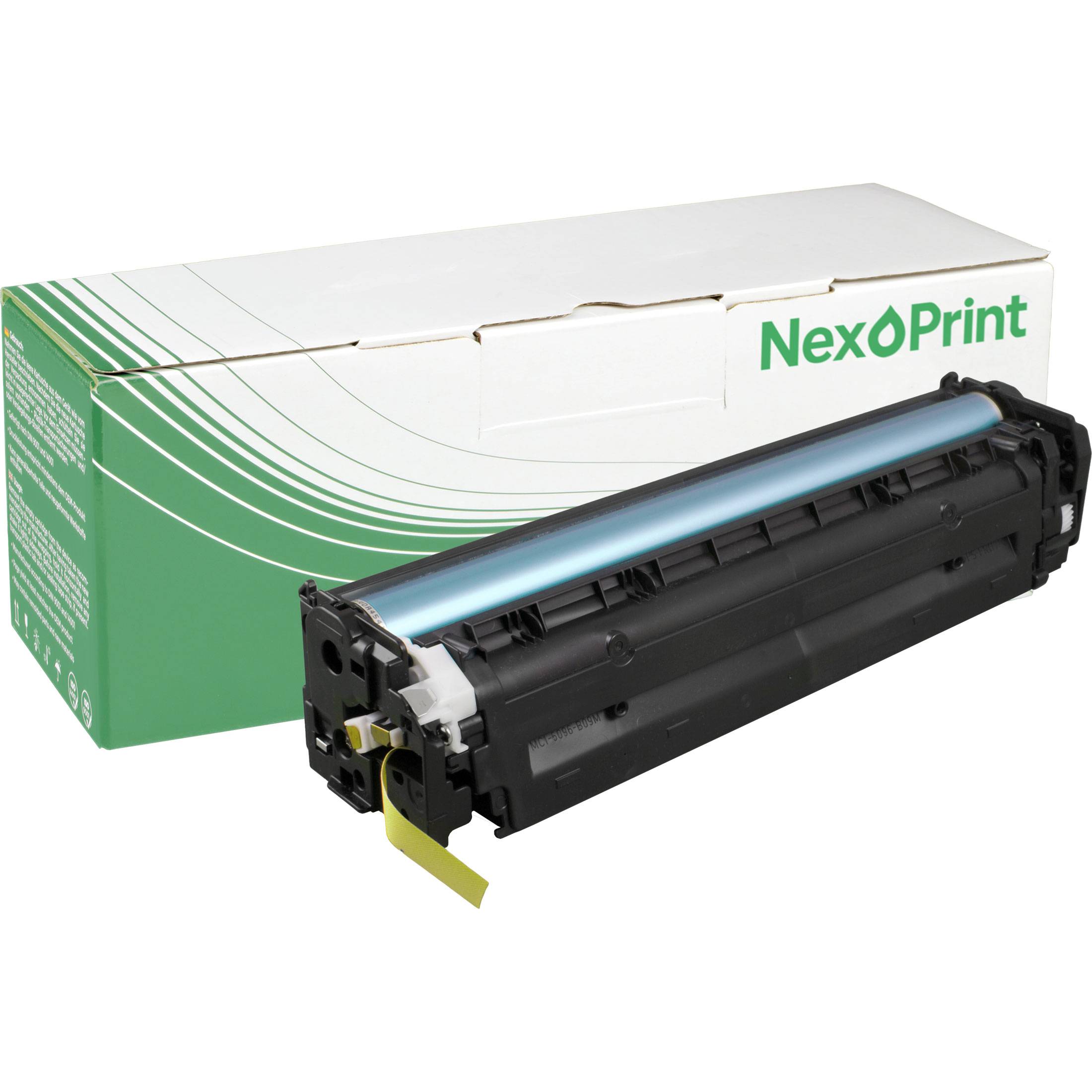 Eine schwarze Tonerkartusche vor einer grün-weißen NexPrint-Verpackung.