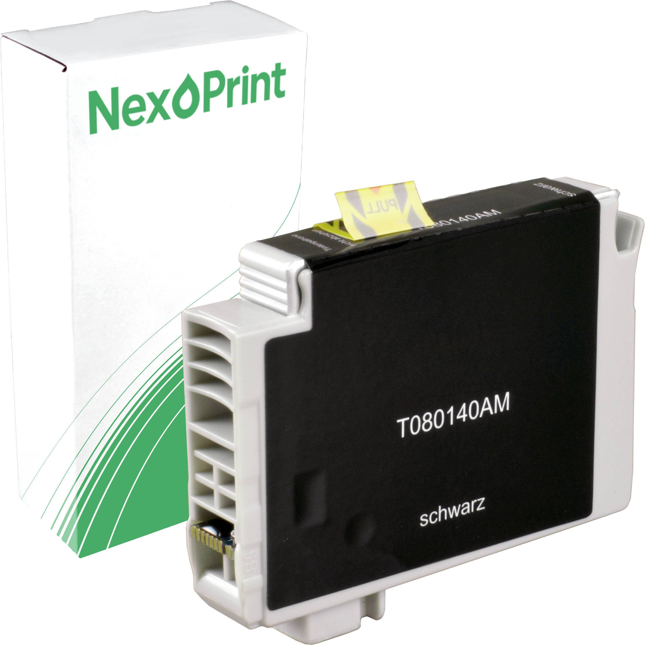 Schwarze Tintenpatrone der Marke 'NexPrint', mit der Bezeichnung 'T080140AM schwarz', vor ihrer weiß-grünen Verpackungsschachtel.
