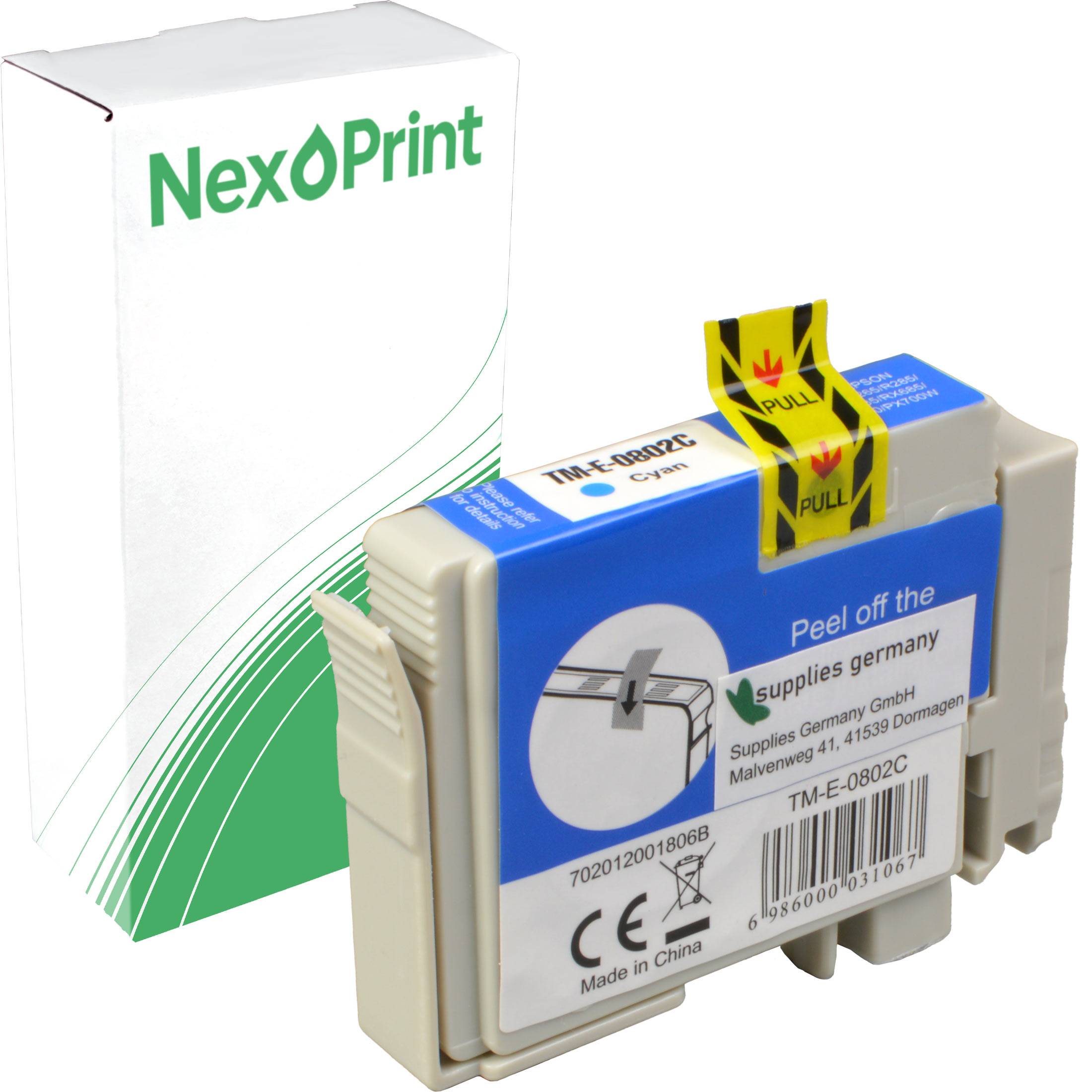 NexPrint' Marken-Druckerpatrone, Modellnummer 'TM-E-0802C', mit 'Abziehen Sie das' und 'ZIEHEN' Anweisungen auf der Verpackung.