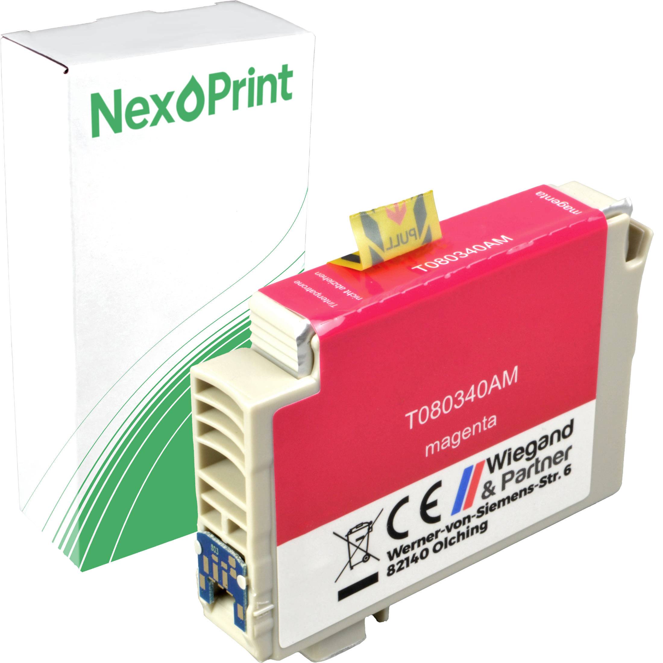 Magenta-Tintenpatrone mit der Bezeichnung 'NexoPrint T080340AM'. Die Verpackung hat grüne Akzente. Die Patrone ist mit angegebenen Druckern kompatibel.