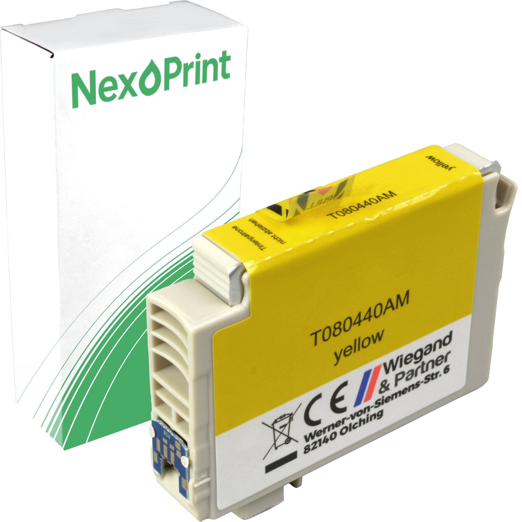 „Gelbe T080440AM-Tintenpatrone von Wiegand & Partner, dargestellt vor NexPrint-Verpackung, geeignet für Tintenstrahldrucker.