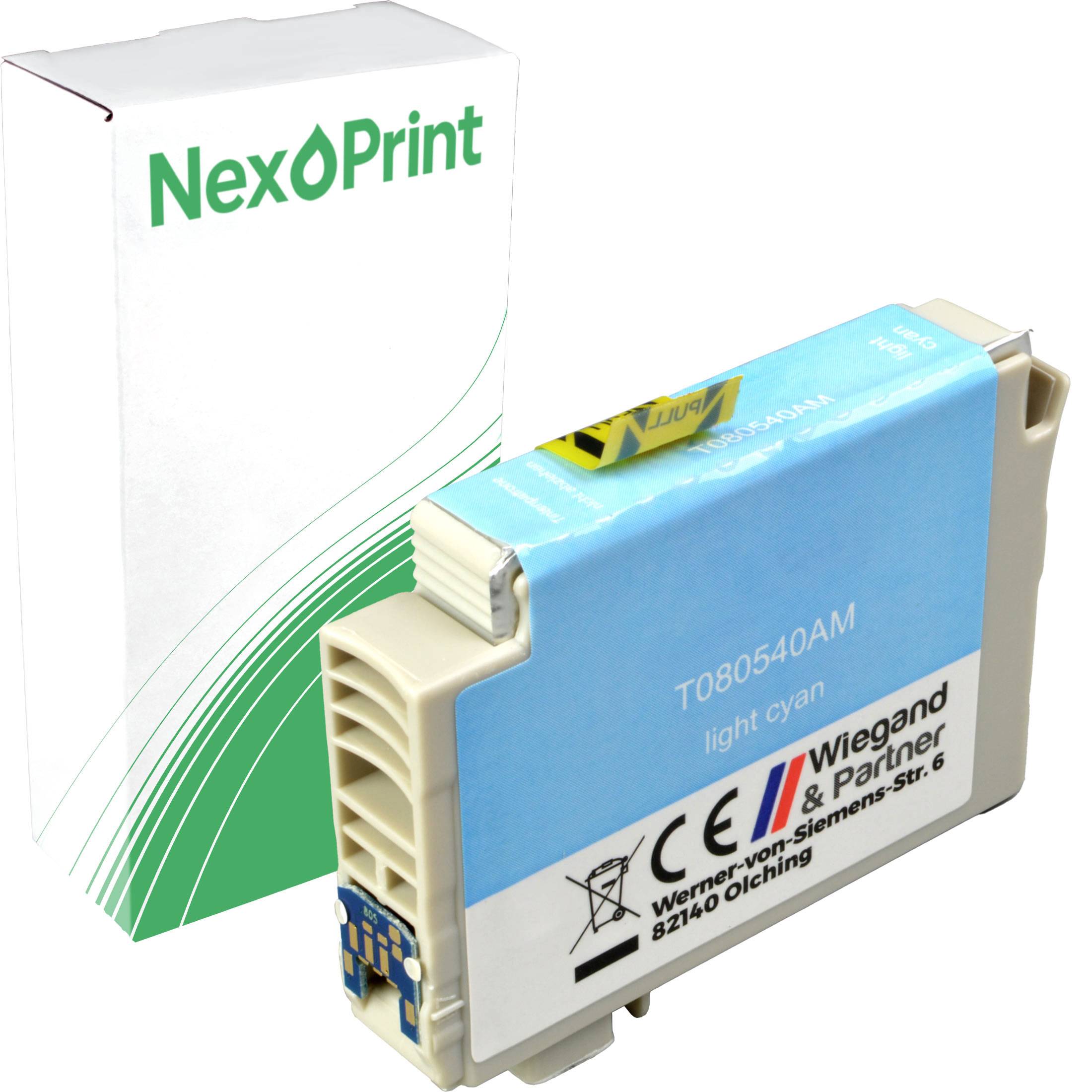 Eine hellcyan Tintenpatrone mit der Bezeichnung 'T080540AM' von 'Wiegand & Partner' wird zusammen mit einer Verpackung der Marke NexPrint gezeigt.
