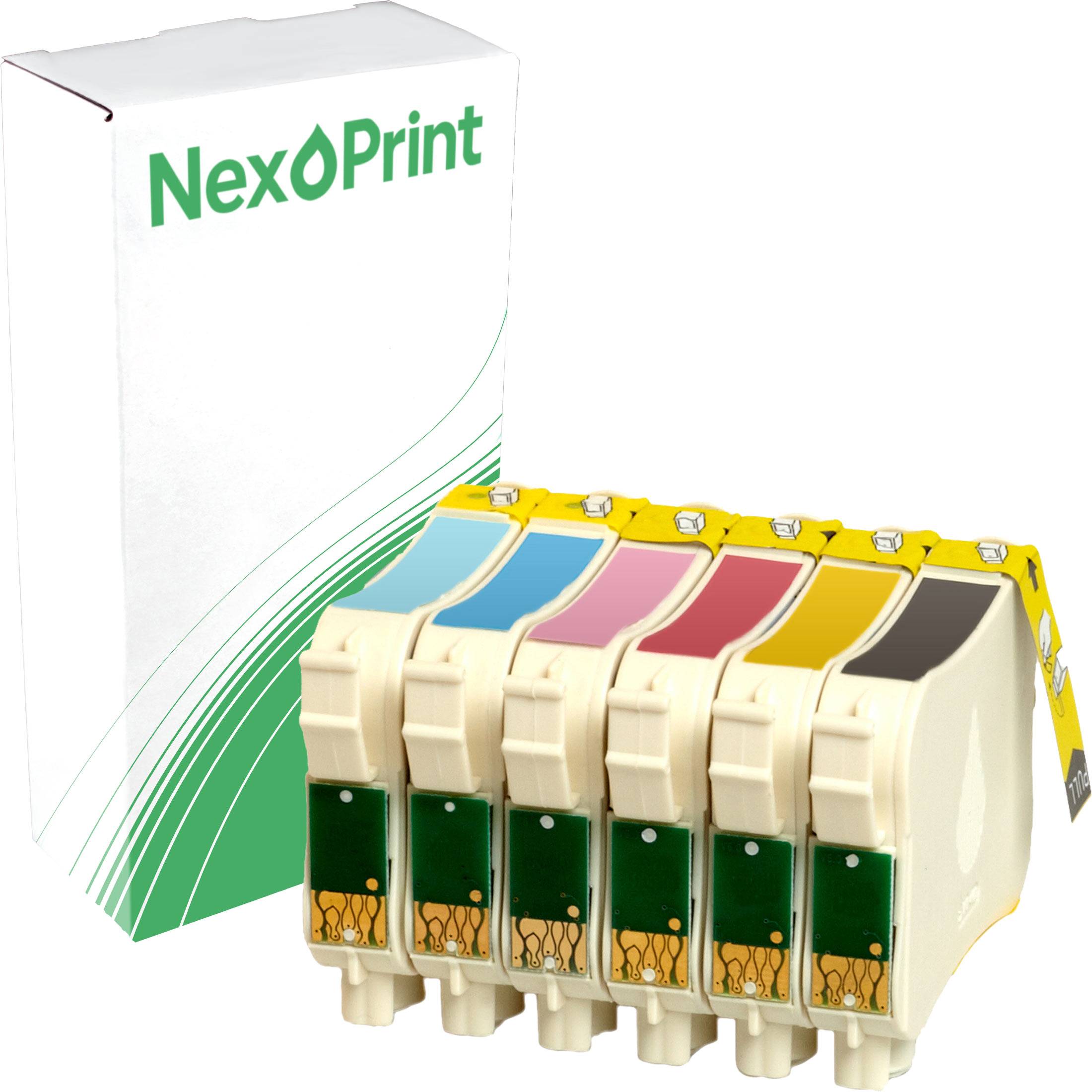 Verpackung der Marke 'NexoPrint' zusammen mit sechs Tintenpatronen in Schwarz, Cyan, Magenta, Gelb, Hellcyan und Hellmagenta.