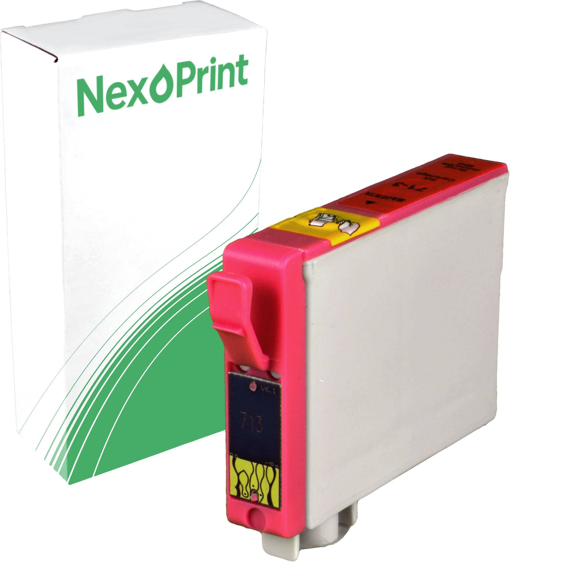 Eine rote Tintenpatrone mit schwarzem Text auf der Oberseite liegt neben einer Schachtel mit der Aufschrift „NexPrint