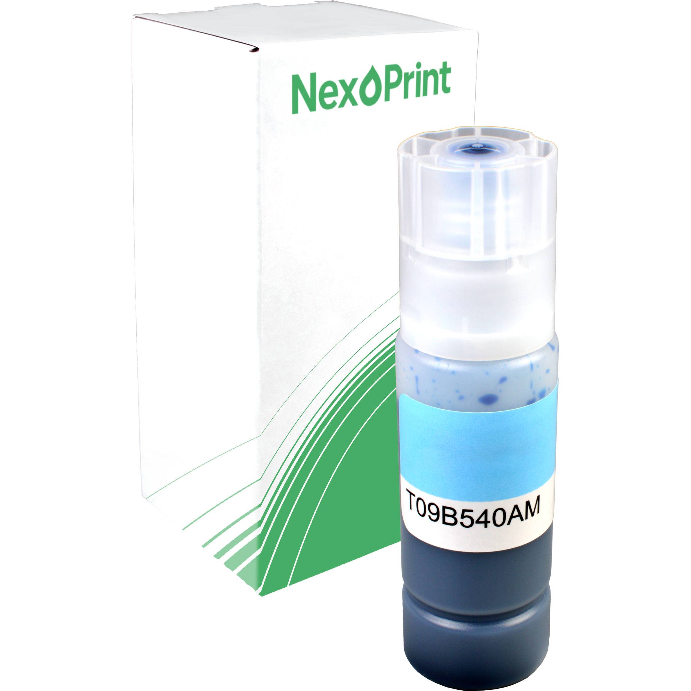 Eine schwarze Druckertoner-Flasche mit der Bezeichnung 'T09B540AM' neben einer weißen Box mit der Marke 'NexPrint', die grüne geschwungene Linien aufweist.